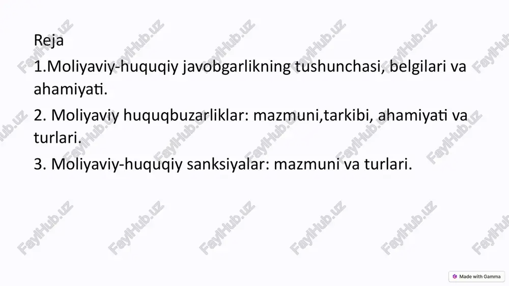 i tiklanishi. tartib-intizom jamiyatda moliyaviy tartib-intizomni saqlash. 6 javobgarlikning o‘ziga xos jihatlari 1 majburiyat u davlat oldidagi majburiyatni anglatadi. 2 munosabatlar moliyaviy javobgarlik moliyaviy huquqiy munosabatlarda yuzaga keladi. 3 tartib ba’zi moliyaviy sanksiyalar sud tartibida, ba’zilari esa ma’muriy tartibda qo‘llaniladi. 7 moliyaviy huquqbizarlik tushunchasi huquqiy asoslar huquqbuzarlikni moliyaviy huquqbuzarlik sifatida belgilovchi huquqiy normalar. haqiqiy asoslar hayotiy holatlar majmuasi, ya’ni huquqbuzarlikning sodir bo‘lishi. protsessual asoslar huquqbuzarlikka qarshi chora ko‘rish bo‘yicha vakolatli organ qarori. 8 moliyaviy huquqbuzarliklar: mazmuni,tarkibi, ahamiyati va turlari moliyaviy huquqbuzarlik ob’ekti bo‘lib moliya huquqi normalari bilan himoyalangan va moliyaviy javobarlik bilan ta’minlangan konkret munosabatlar hisoblanadi. moliyaviy huquqbuzarlik sub’ekti bo‘lib mazkur huquqbuzarlikni sodir etgan va qonunchilikka asosan javobgarlikka tortilishi mumkin bo‘lgan shaxs hisoblanadi. moliyaviy huquqbuzarlikning ob’ekti tomoni moliya qonunchiligi bilan taqiqlangan harakat yoki harakatsizlikda namoyon bo‘ladi. moliyaviy huquqbuzarlikning sub’ektiv tomoni sub’ektning huquqga xilof harakat yoki harakatsizlikka va ularning oqibatiga bo‘lgan psixik munosabatida(ayb)namoyon bo‘ladi va u qasddan yoki ehtiyotkorsizlik shaklida bo‘lishi …
