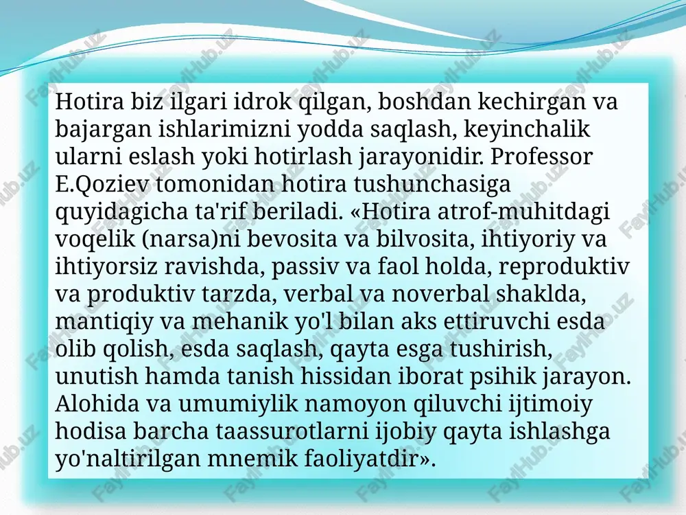 bog’lanishlarni psihologlar assotsiatsiyalar deb ataydilar». o’tkazilgan tekshirishlarga ko’ra, biror narsa esda olib qolinganda, asosan nerv hujayralarining (neyronlarning) dendrit shoxlari tarkibida o’zgarish yuzaga keladi. ular qandaydir boshqacharoq tuzilishga kirib oladilar. dendritlar tuzilishidagi hosil bo’lgan o’zgarish darrov o’tib ketadigan bo’lmay, ancha mustahkam bo’ladi. shu sababli esda olib qolgan narsa uzoq vaqt xotirada saqlanib turadi.[2] [2] psychology david g. myers hope college holland, michigan 134r 5 inson hotirasidagi assotsiatsiyalar 3 turga ajratiladi: yondoshlik assotsiatsiyasi- bir necha narsa yoki hodisalarni ayni bir vaqtda yoki ketma-ket idrok qilishdan hosil bo'ladi o'hshashlik assotsiatsiyasi- hozirgi paytda idrok qilinayotgan narsa bilan ilgari idrok qilingan narsa o'rtasida ma'lum o'hshashlikka aytiladi qarama-qarshilik assotsiatsiyasi- hozirgi idrok qilinayotgan narsalar bilan ilgari idrok qilinayotgan narsalar o`rtasida qarama-qarshi belgilar va hususiyatlar bo’ganga aytiladi a.v.petrovskiy tahriri ostida chiqqan «umumiy psihologiya» darsligida quyidagicha klassifikatsiya uchraydi: faoliyatda ko'proq sezilib turadigan psihik faollikning hususiyatiga qarab: harakat, emotsional, obrazli va so`z mantiq hotira. faoliyatning maqsadlariga ko'ra: ihtiyorsiz va ihtiyoriy …