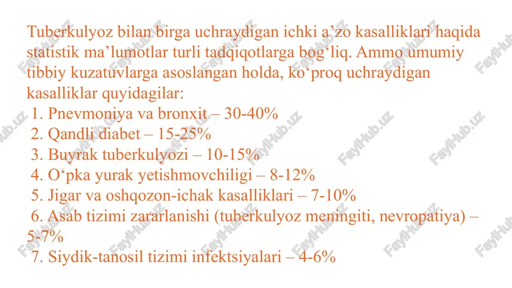 k yo‘llari infektsiyalari: immunitet sustlashgan bemorlarda bakterial infektsiyalar xavfi ortadi. • prostata va bachadon tuberkulyozi: erkaklarda prostata beziga, ayollarda esa bachadon ichki qavatiga tuberkulyoz bakteriyasi o‘tishi mumkin. endokrin tizim kasalliklari • qandli diabet: diabet bilan kasallangan bemorlarda tuberkulyoz infeksiyasi og‘irroq kechadi. • gipotiroidizm: tuberkulyoz ayrim gormonlar sinteziga ta’sir qilib, qalqonsimon bez faoliyatini pasaytirishi mumkin. • buyrak usti bezining yetishmovchiligi: tuberkulyoz buyrak usti bezlariga ta’sir qilib, kortizol gormoni ishlab chiqarilishining buzilishiga olib keladi. asab tizimi va ruhiy holatga ta’siri • tuberkulyoz meningiti: miya pardalariga infektsiya tarqalib, ong buzilishi, bosh og‘rig‘i va nutq qiyinchiliklari yuzaga keladi. • nevropatiya: ba’zi tuberkulyoz dorilarining nojo‘ya ta’siri asab tolalariga zarar yetkazishi mumkin. • ruhiy tushkunlik: uzoq muddatli kasallik depressiya va bezovtalik sindromlarini keltirib chiqarishi mumkin. tuberkulyoz bilan bog‘liq belgilar • ko‘krak qafasida suyuqlik yig‘ilishi (plevrit). • o‘pka qon ketishi. • immunitet tizimining zaiflashishi va surunkali infektsiyalar. tuberkulyozni aniqlash usullari • bakteriologik tekshiruv: balg‘amdan mycobacterium tuberculosis bakteriyasini …