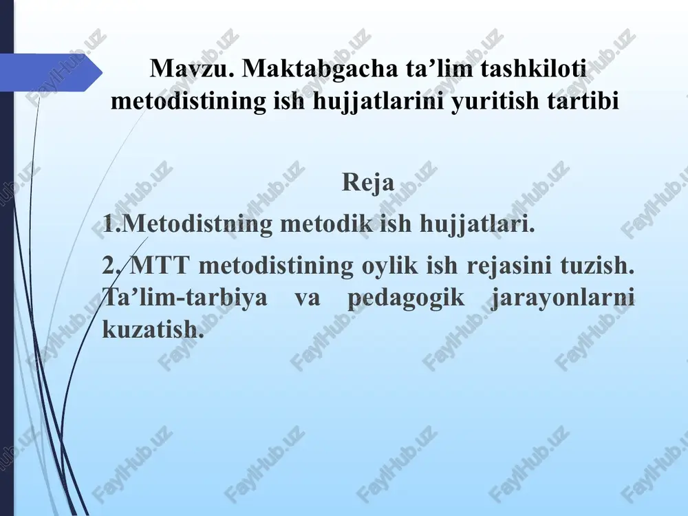 il etish toʻgʻrisida maʼlumotlar berish. 1.savodxonlikka oʻrgatish boʻyicha mashgʻulot ishlanmalarni yozish. 2.savodxonlikka oʻrgatish boʻyicha mashgʻulot ishlanmalariga koʻrgazmalar tayyorlash. 1.m.mansurova 2.n.nurmamatova 3. s.abduqodirova 4.f.saidova 5.n.tursunova 6.m.mirzaraimova 7.d.shomirova 8.m.xamidullayeva 9.n.kotibova 10.sh.soipova 11.n.raupxodjayeva 6 ta'lim-tarbiya va pedagogik jarayonlarni kuzatish qaydnomalari sana yosh guruhi pedagog ning familiyasi, ismi kuzatuv maqsadi rivojlan tiruvchi muhitni yaratilganligi xulosa va tavsiyalar 12.09 katta guruh mansurova muattar sayrni reja asosida olib borilishini,yaratilgan shart sharoitlar ni kuzatish bolalar uchun faol, mazmunli, xilma-xil va qiziqarli faoliyatni tashkil etish uchun shart sharoitlar yaratilgan. maydoncha toza, ozoda, xavfsiz. 1.mehnat qurollarini ko‘paytirish; 2.harakatli o‘yinlarda barcha bolalarni faolligiga e'tibor berish; 3.ihtiyoriy o‘yinlar uchun kamida 3-4 ta o‘yin uchun jihozlar olib chiqish; 4.asosiy harakat turlarini rivojlantirishda musobaqa usullaridan foydalanish 3- 7 guruhgacha 8 -12 guruhgacha 13-20 guruhgacha 21- 28 guruhgacha rivojlantirish markazlari va umumiy guruh bo‘lib ishlash (1 oyda) faoliyatlar 1 oyda bir marta rivojlantirish markazlari va umumiy guruh bo‘lib ishlash (1 oyda) faoliyatlar 1 oyda …