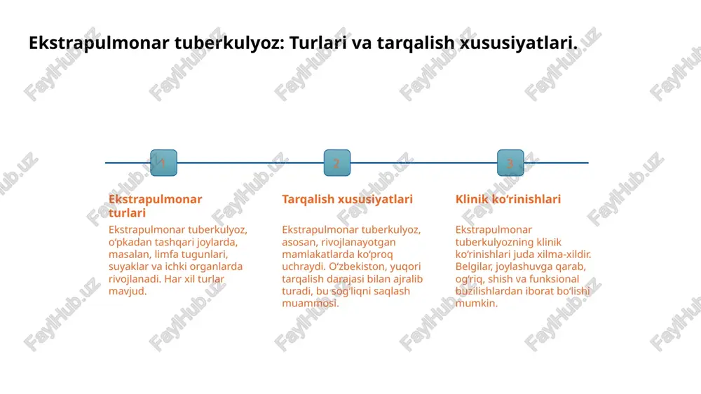 mlar bilan. 3 diagnostik muammolar ekstrapulmonar tuberkulyozni aniqlashda diagnostik muammolar mavjud, chunki simptomlar boshqa kasalliklar bilan o'xshash bo'lishi mumkin, bu esa aniqlikni qiyinlashtiradi. ekstrapulmonar tuberkulyozni aniqlashda rentgenologik usullarning roli. rentgen diagnostikasi raqamli rentgen diagnostik ahamiyati ekstrapulmonar tuberkulyozni aniqlashda rentgen diagnostikasi muhim ahamiyatga ega, chunki u ichki a'zolarni aniq ko'rsatadi va kasallikning darajasini belgilaydi. raqamli rentgen usullari tez va sifatli tasvir olish imkonini beradi, shuningdek, ma'lumotlarni saqlash va tahlil qilishni osonlashtiradi, bu esa diagnostikani yaxshilaydi. rentgenologik usullar ekstrapulmonar tuberkulyozni erta aniqlashga yordam beradi, shuningdek, bemorlarning davolanishini nazorat qilishda muhim rol o'ynaydi. rentgen tasvirlaridan foydalanish: eksperimental va klinik misollar. 1 eksperimental usullar rentgen tasvirlaridan foydalanish eksperimental tadqiqotlarda tuberkulyozning dastlabki bosqichlarini aniqlashda muhim ahamiyatga ega. 2 klinik misollar klinik amaliyotda rentgenogrammalar ekstrapulmonar tuberkulyozni aniqlashda, masalan, limfadenit yoki osteomielit holatlarini aniqlashda qo'llaniladi. 3 diagnostik imkoniyatlar rentgen tasvirlari tuberkulyozning turli ko'rinishlarini, shu jumladan, organlarning strukturasidagi o'zgarishlarni aniqlashga yordam beradi, bu esa to'g'ri davolashni ta'minlaydi. o‘zbekistonda …