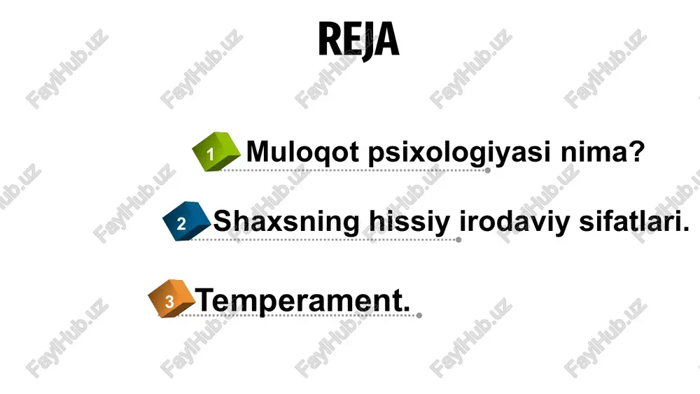 uchi o’rtasidagi muvozanatlilik darajasi 65% temperament tiplarining psixologik tavsifnomasi senzitivlik reaktivlik faollik reaktivlik va faollikning o'zaro munosabati reaksiya tempi ekstraverlik va intraventlik temperament tiplarining tavsifnomasi sangvinik yuksak reaktivlik. bo’lar-bo’lmas narsalarga qattiq xoxolab kulaveradi. muhim bo’lmagan fakt qattiq jahlini chiqaradi. diqqatini jalb qilgan hamma narsalarga tetik va zo’r qo’zg’alish bilan javob beradi. imo-ishoralari va harakatlari yaqqol ko’rinib turadi. uning aft-basharasiga qarab kayfiyatining qandayligini, narsalarga yoki odamga bo’lgan munosabatlarini bilish oson. diqqatini tez bir joyga to’playdi. xolerik xuddi sangvinik kabi sust senzitivlik, yuksak reaktivlik hamda faollik bilan ajralib turadi, lekin faollikdan reaktivlik ustunlik qiladi. shuning uchun u tinimsiz o’zini ushlay olmaydigan, betoqat, serzarda. sangvinikka qaraganda ozroq silliq va qo’proq qotib qolgan. shuning uchun intilishlari va qiziqishlarida katta barqarorlik, zo’r qatiylik bor, diqqatini ko’chirishda qiyinchilikka uchraydi. psixik tempi tez. bir ishni boshlasa oxiriga yetkazadi, ammo unga qiziqsa. context identify flegmatik - senzitivligi sust, hissiy qo’zg’aluvchanligi oz, kuldirish, jahlini chiqarish, kayfiyatini buzish qiyin. ammo …