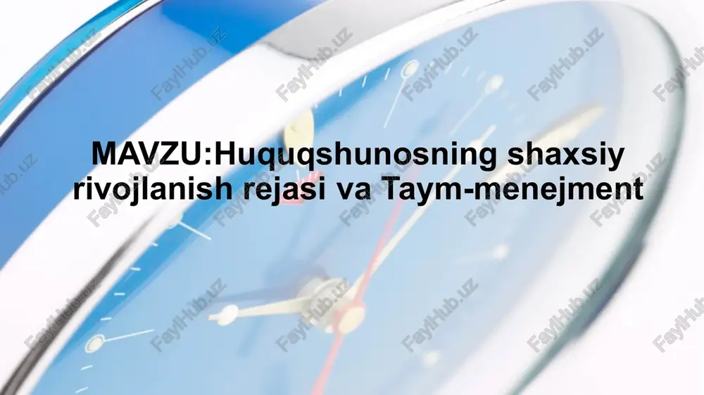 ringizni qanday qilib kamaytirishingiz mumkin? sizni orqaga tortadigan zaif tomonlar boʻlmaganida nimalar qilishingiz mumkin edi? - siz qaerda koʻproq oʻsasiz: hozirgi kompaniyangizdami, boshqa tashkilotdami, boshqa sohadami yoki boshqa kareradami? shaxsiy pest tahlil p e s t dars maqsadi shaxs faoliyati uchun vaqtni boshqarish mumkin bo’lgan resurs ekanligini anglash; vaqtni boshqarish va undan unumli foydalanish bo’yicha ko’nikmalarni shakllantirish. shaxsiy samaradorlikning asosiy siri vaqtni to’g’ri taqsimlashdadir time management 7 taym menejmentning afzalliklari samaradorlik muvaffaqiyat foydaliligi 7 if you can manage your time more effectively, you will be rewarded in a variety of ways: you will be more efficient in serving your district and will be able to support your clubs better you will achieve greater success in your very important, and highly visible, role as a lions leader on a personal level, you will certainly feel healthier, more energetic, and in a generally better mood time management 8 vaqtni boshqarishga to’sqinlik qiluvchi …
