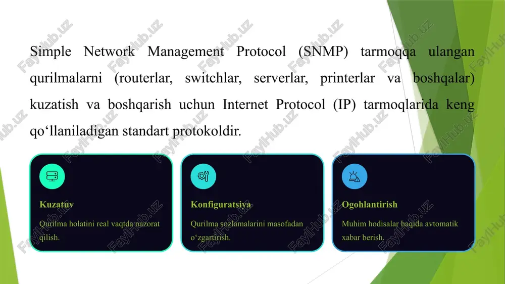 faqat community string). snmpv2c mib va operatsiyalarda yaxshilanishlar. xavfsizlik hala ham past (community string). snmpv3 hozirgi standart. kuchli xavfsizlik va maxfiylik mexanizmlari (autentifikatsiya va shifrlash). tarmoqlarda imkon qadar faqat snmpv3 dan foydalanish tavsiya etiladi, chunki avvalgi versiyalar xavfsizlikka jiddiy tahdid solishi mumkin. 5 snmp buyruqlari (pdular) snmp tarmoq qurilmalari bilan o‘zaro aloqa qilish uchun bir nechta asosiy buyruqlardan (protokol ma'lumot birliklari - pdular) foydalanadi. bular eng muhim operatsiyalardir: get agentdan ma'lum bir mib ob'ektining joriy qiymatini so‘rash. set agentdagi mib ob'ektining qiymatini o‘zgartirish (konfiguratsiya). xavfsiz operatsiya. getnext mib ierarxiyasida keyingi ob'ekt qiymatini olish. katta jadvallarni skanerlash uchun ishlatiladi. 6 boshqaruv buyruqlari monitoring va ma'lumotlarni ommaviy olish uchun foydali bo'lgan boshqa pdular: getbulk mib dan bir nechta qator qiymatlarni samarali olish. katta hajmli ma'lumotlarni yig‘ish tezligini oshiradi. response agentning nms tomonidan yuborilgan har qanday get yoki set so‘roviga javobi. ma'lumotlar yoki xatolik holatini o‘z ichiga oladi. 7 asenkron xabarlar: trap va …