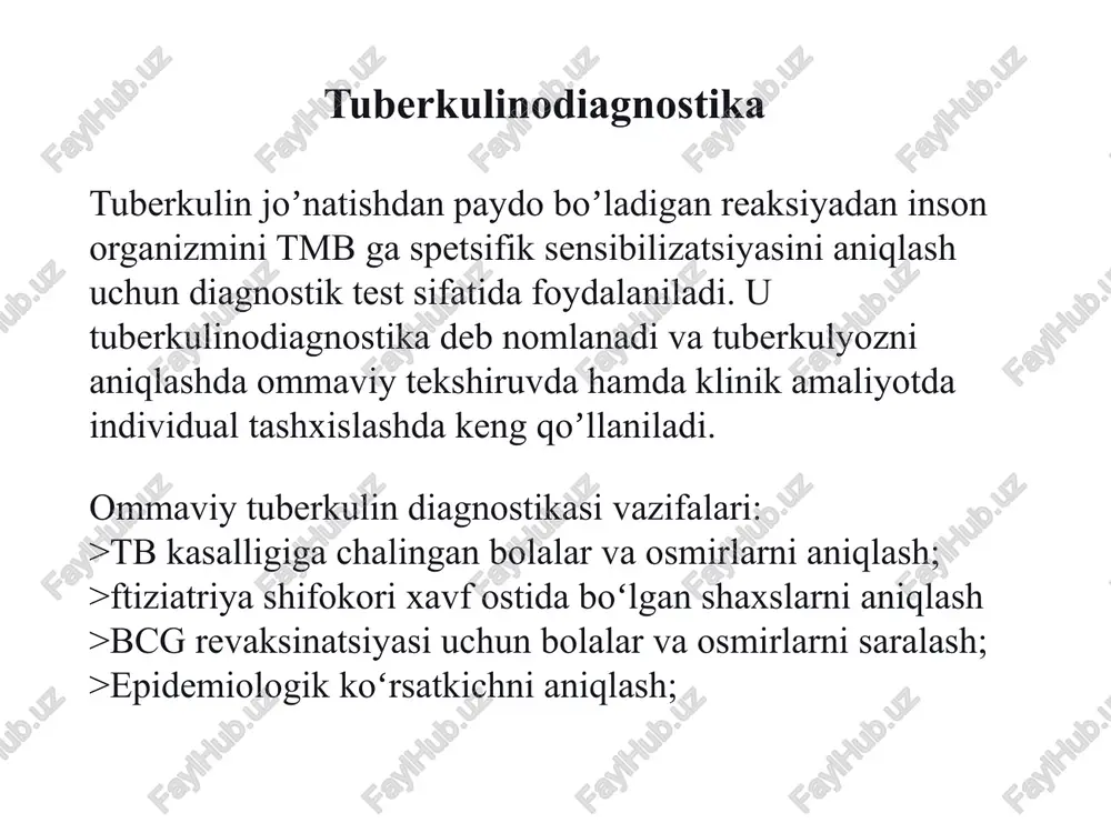 pirke sinamasi 48 soatdan so'ng baholanadi va infiltrat diametri 3 mm dan katta bo'lsa tuberkulinga 100% musbat deb hisoblanadi. kox sinamasi teri ostiga jo'natilib, u ftiziatriya statsionarlarida tuberkulyozni qiyosiy tashxislash va organizmdagi mahalliy, umumiy hamda o'choqli reaksiyalar asosida tuberkulyoz jarayonining faollik darajasi va joylashgan o'rnini aniqlash uchun qo'llaniladi tuberkulin dozasini tanlash uchun titrlash yo'li bilan uning dozasi izchil oshirib borilib, sezgirlik chegarasi taxminiy aniqlanadi. tuberkulin yelkaning yuqori. bolalarda tuberkulin dozasi odatda 10-20 tb ni, kattalarda 20-50 tb ni tashkil qiladi. kox sinamasini ehtiyotkorlik bilan o'tkazish kerak, chunki u tuberkulyoz jarayoni rivojlanib ketishiga turtki berishi mumkin. kox sinamasi 48-72 soatdan so'ng baholanadi va agar organizmning umumiy hamda o'choqli javob reaksiyalari belgilari paydo bo'lsa, u musbat hisoblanadi. tuberkulyozga chalingan bemorda kox sinamasida boladigan mahalliy reaksiyada infiltrat diametri odatda 10-20 mm boladi. umumiy reaksiyaga holsizlik, tana haroratining kotarilishi, gemogramma korsatkichlari va qondagi oqsil tarkibida ozgarishlar xos boladi. oʼpka tuberkulyozidagi oʼchoqli reaksiya xirillashlarning paydo …
