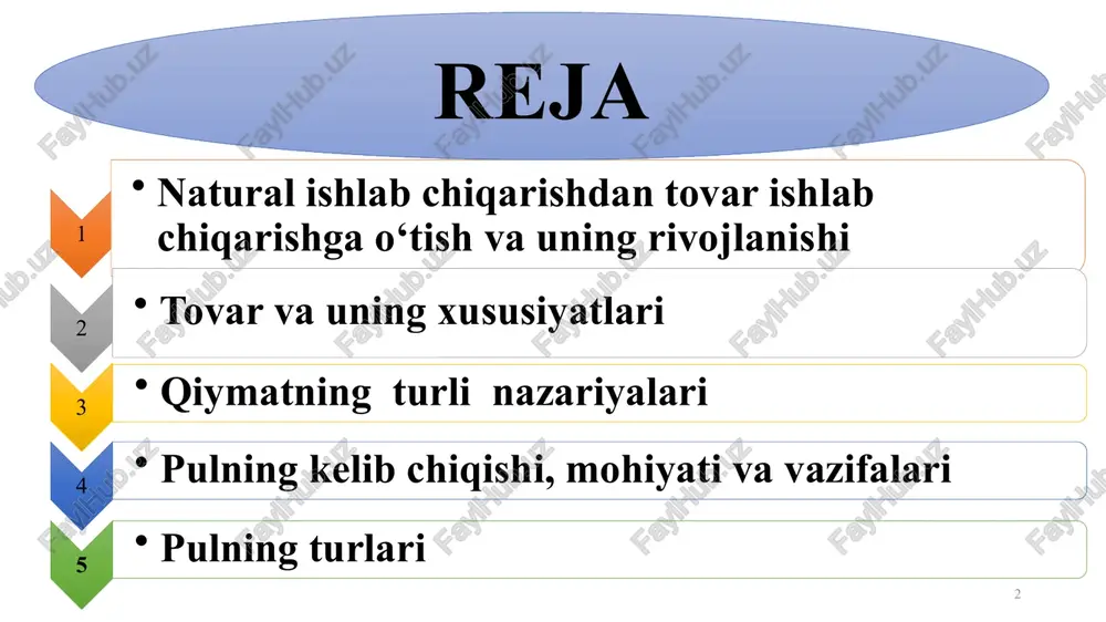i qilish 2. ishlab chiqariladigan mahsulot tarkibining aniqlanishi ehtiyojlar va imkoniyatlardan kelib chiqqan holda oldindan aniqlanadi bozordagi muayyan talab va ishlab chiqaruvchining xususiiy manfaati asosida aniqlanadi 3. iste’molchini o‘ziga jalb etish uchun kurash bunday kurash mavjud emas bunday kurash mavjud va tovar xo‘jaligining rivojlanishi bilan kuchayib boradi 4. ishlab chiqarilgan mahsulotning iste’mol qilinishi darajasi barcha ishlab chiqarilgan mahsulotlar to‘laligicha iste’mol qilinadi ishlab chiqarilgan mahsulotlar ayrim turlari va qismlarining sotilmay qolishi, ya’ni iste’mol qilinmasligi 5. ishlab chiqarish jarayonida ishchi kuchining ishtirok etish tamoyillari ishlab chiqarish jarayonida faqat o‘zining va oila a’zolarining ishchi kuchidan foydalaniladi ishlab chiqarish jarayonida yollanma ishchi kuchidan ham foydalanish mumkin 8 natural va tovar xo‘jaliklarining bir-biridan farqlanishi tovar turi tovarning turi uning asosiy maqsadi va xususiyatlarini aniqlaydi. sifati sifat - bu tovarning ishlash, bardoshliligi va xususiyatlarining o'lchovidir. narxi narx - bu tovarni sotib olish uchun to'lanadigan pul miqdori. qiymat qiymat - bu xaridor uchun tovarning qanchalik muhimligi va …