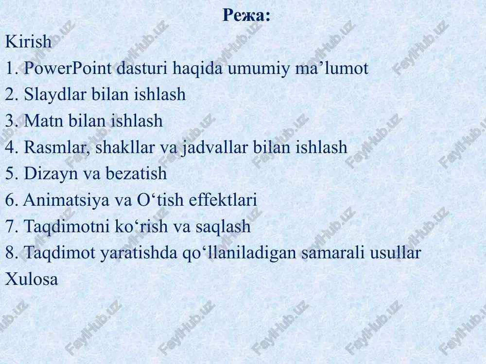 t va microsoft excelda – kitob singari. dastur tashkil qilinayotgan slaydli fayllarga avtomatik ravishda [prezentatsiya1], [prezentatsiya2] va hokazo deb nom beradi. foydalanuvchi esa bu nomlar o’rniga boshqa ixtiyoriy nom bilan faylni doimiy xotirada saqlashi mumkin. powerpoint dasturida yaratilgan taqdimotni .pptx kengaytmasi bilan saqlaydi (powerpoint 97-2003 da .ppt kengaytmasidan farqli o'laroq). taqdimot ‒ bu slaydlar to'plami. slayd - bu taqdimotning bitta kadri. joriy slaydning soni, shuningdek taqdimotdagi slaydlarning umumiy soni holat panelining pastki chap burchagida aks ettiriladi, masalan: 25 slayddan 4-slayd. taqdimotlarning o‘quv jarayonidagi ahamiyati 1. taqdimotlar dars materialini ko‘rgazmali va qiziqarli tarzda yetkazishga yordam beradi. 2. slaydlar orqali mavzu rasm, diagramma, jadval va video bilan boyitilib, tushunish va eslab qolish osonlashadi. 3. murakkab tushunchalar vizual tasvirlar bilan soddalashtiriladi va talabaning e’tibori uzoq vaqt saqlanadi. 4. taqdimotlar talabalarda mustaqil fikrlash, nutq madaniyati va auditoriya bilan muloqot ko‘nikmalarini rivojlantiradi. 5. talaba axborotni tahlil qilish, tartiblash va asoslab taqdim etish tajribasini egallaydi. shuning …