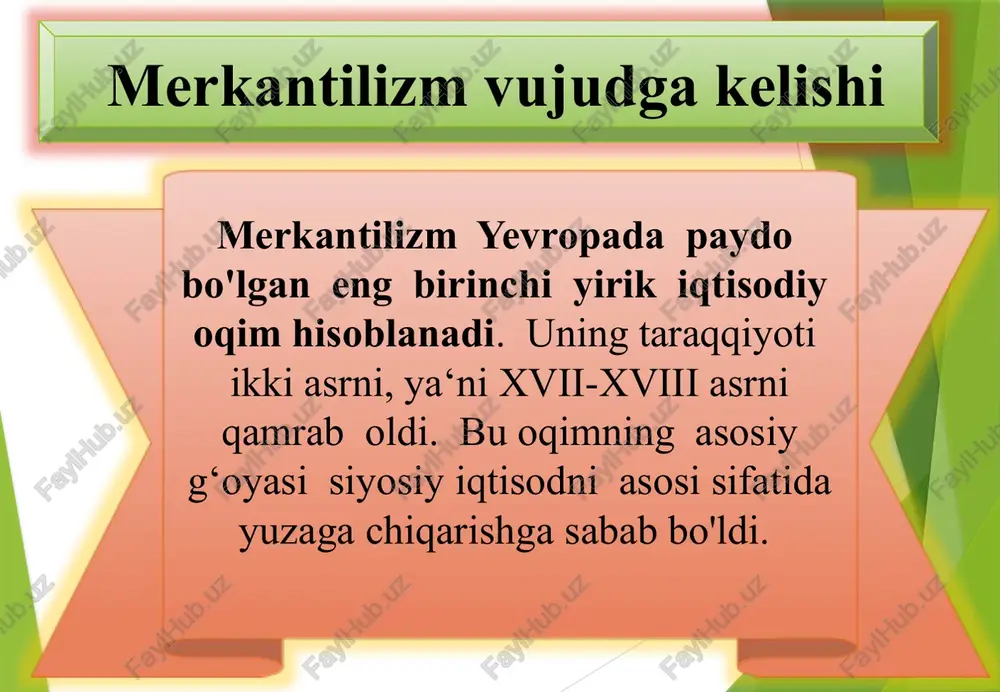 erkantilizm «pul balansi» siyosatini olib borgan. tashqi savdoni ma’muriy yo’l bilan qattiq tartibga solish asosida mamlakatning pul boyligini ko’paytirishga qaratilgan. dastlabki merkantilizmning asosiy namoyandalari uilyam stafford (1554-1612 angliya) gaskar skaruffi (1519-1584 italiya) dastlabki merkantilizmning tashqi savdoda ijoby saldoga erishish uchun quyidagilar maqsadlar qilib olindi: eksport qilinadigan tovarlarga maksimum yuqori baho o’rnatish; tovarlar importini har tomonlama cheklash mamlakatdan oltin va kumushning oqib chiqib ketishiga yo’l qo’ymaslik. keyingi merkantilizm xvi asrning ikkinchi yarmidan xvii asrning ikkinchi yarmigacha bo’lgan davrni o’z ichiga oladi. uning asosiy vakillaridan bir tomas mann hisoblanadi iqtisodiyot tarixida sanoatning shaklini ajratish mumkin: uy hunarmandchiligi manufaktura 1 manufakturada esa kooperatsiya yuzaga keladi, eng muhimi chuqur mehnat taqsimoti, xususiy tadbirkor, yollanma ishchi kuchi paydo bo`ladi 2 uy hunarmandchiligida sohalar, tarmoqlararo mehnat taqsimoti mavjud, hamma ishni bir odam yoki shogird, oila bilan birga qilinadi. merkantilizmni qisqacha qilib quyidagicha ta'riflash mumkin iqtisodiy siyosatda mamlakatda va davlat xazinasida imkoni boricha nodir metallarni (oltin, kumush, …