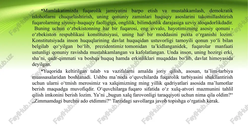 uvchilar jamoasiningsaviyasigabog‘liq. tarbiyaviy ishning rejali, uzluksiz, tizimli bo‘lishiga erishish katta ahamiyat kasbetadi. oila, maktab va mahallalarda o‘zaro hamkorlik va hamjihatlikning yuzaga kelishi fuqarolik tarbiyasi muvaffaqiyatini ta’mnnlaydi. 5. o‘quvchilarni axloqiy va huquqiy me’yorlarga hamda umumiy tartibga rioya qilishga o‘rgatish va hokazo. fuqarolik tarbiyasini tashkil etishda suhbat-munozara, ma’ruza, bahslardan foydalanish, mashq, test, anketa savollariga javob olish kabilar yuksak natijalarga olib keladi. fuqarolik tarbiyasida uning natijasini hisobga olish muhim ahamiyatga ega. bunda bolaning tarbiyalanganlik darajasi asos qilib olinadi. ushbu maqsadda diagnostika (tashxis qo‘yish), statistik, qiyosiy tahlilni o‘tkazish lozim. fuqarolik tarbiyasining tashkil etilishi natijasida kamol top-gan fuqaro o‘zida quyidagi sifatlarni namoyon eta olishi lozim:— fuqarolik burchini bajara olishi (o‘z vatani, xalqi, ota-onasi oldidagi qarzni his eta olishi) qobiliyatiga egalik; — milliy g‘urur va ma’rifatparvarlik tuyg‘usiga ega bo‘lish;— davlat konstitutsiyasi, davlat hokimiyati organlari, mamlakat prezidenti hamda davlat ramzlari (gerb, bayroq va madhiya)ga nisbatan hurmatda bo‘lish;— mamlakat taqdiri va istiqboli uchun javobgarlik, mas’ullik;— ijtimoiy-huquqiy hamda axloqiy …