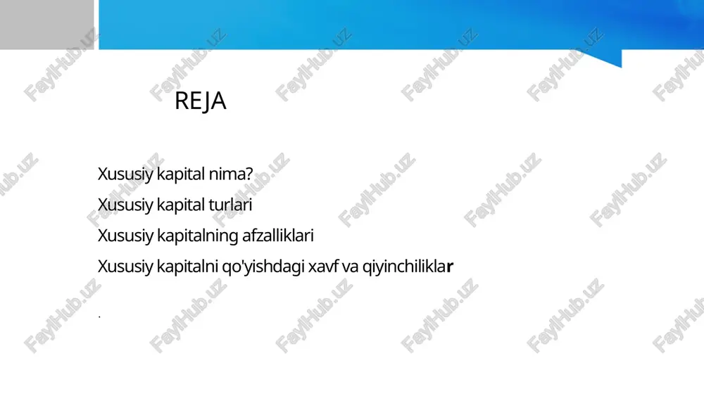 o'zlari sarmoya kiritgan sohalarda katta tajribaga ega bo'lib, kompaniyalarga qimmatli maslahat va ko'rsatmalar beradi. 3 uzoq muddatli fokus xususiy kapital investorlari ko'pincha davlat bozoridagi investorlarga qaraganda uzoqroq investitsiya ufqiga ega bo'lib, kompaniyalarga qisqa muddatli natijalarga emas, balki uzoq muddatli o'sishga e'tibor qaratishga imkon beradi. 4 yuqori daromadlar xususiy kapital qo'yilmalar ko'pincha ommaviy bozor takliflariga qaraganda ancha yuqori daromad keltiradi, bu ularni investorlar uchun jozibador variantga aylantiradi. xususiy kapitalni investitsiyalash jarayoni xususiy kapitalni investitsiyalash jarayoni the investment process usually begins with an introduction by a trusted advisor or referral. ekspertiza investorlar kompaniya va uning rivojlanish salohiyati haqida ko'proq ma'lumot olish uchun batafsil tadqiqot va tahlillarni o'tkazadilar. bitimni yopish agar investor kompaniyaning sarmoyaga arziydiganligiga ishonch hosil qilsa, ular bitim shartlarini muhokama qiladilar va mablag'larni kompaniyaga o'tkazadilar. xususiy kapitalni qo'yishdagi xavf va qiyinchiliklar 1 noqonuniy davlat bozori investitsiyalaridan farqli o'laroq, xususiy kapital qo'yilmalar osongina sotilmaydi yoki sotilmaydi. 2 yuqori xavf xususiy kapital qo'yilmalar …