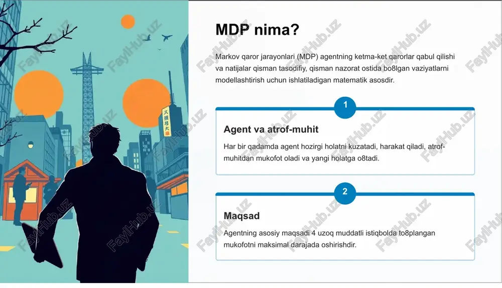 oxastik mdplarda esa natijalar ehtimollik asosida o8zgaradi, bu esa noaniqlikni aks ettiradi. cheklangan vaqtli vs. cheksiz vaqtli vazifa ma¾lum qadamlar soni ichida bajarilishi mumkin (cheklangan vaqtli), yoki doimiy davom etishi mumkin (cheksiz vaqtli), bu holda uzoq muddatli strategiya talab qilinadi. episodik vs. davomiy episodik vazifalar (masalan, yetkazib berish) qayta boshlanishi mumkin. davomiy vazifalar (masalan, patrul qilish) esa agentning doimiy o8rganishini talab qiladi. mdp matematik modeli va siyosat (policy) mdpning asosiy maqsadi optimal siyosatni (strategiyani) topishdir. siyosat 4 bu har bir holatda qaysi harakatni tanlashni belgilovchi funksiya. 1 siyosat ã(s) ã(s) funksiyasi berilgan holatda agentning qaysi harakatni bajarishini ko8rsatadi. bu, agentning xulq-atvorini belgilaydi. 2 optimal maqsad agentning maqsadi 4 vaqt o8tishi bilan olinadigan mukofotlarning kutilgan yig8indisini maksimal darajada oshiruvchi siyosatni topish. 3 bellman tenglamasi optimal qiymat funksiyasi (v*) va optimal siyosat (ã*) bellman tenglamasi yordamida topiladi. bu tenglama dinamik dasturlash usulida hal qilinadi. amaliy misol: 3x4 katakli dunyo keling, 3x4 katakli …