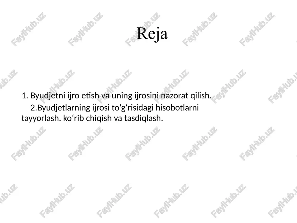h tushuniladi. byudjetni ijro etish va uning ijrosini nazorat qilish byudjetlar ijrosida yagona g‘azna hisobvarag‘ining ahamiyati katta. yagona g‘azna hisobvarag‘i o‘zbekiston respublikasi moliya vazirligi tomonidan boshqariladigan maxsus bank hisobvarag‘i bo‘lib, unga byudjet tizimi byudjetlarining daromadlari va boshqa tushumlari kiritiladi hamda undan mazkur byudjetlarning xarajatlari to‘lanadi. o‘zbekiston respublikasi moliya vazirligi o‘zbekiston respublikasi markaziy bankida va boshqa banklarda o‘zga bank hisobvaraqlari ochish huquqiga ega. yagona g‘azna hisobvarag‘i o‘zbekiston respublikasi markaziy bankida ochiladi. byudjetni ijro etish va uning ijrosini nazorat qilish byudjetni ijro etish va uning ijrosini nazorat qilish byudjet tizimi byudjetlari daromad qismining ijrosi: tushumlarni yagona g‘azna hisobvarag‘iga va boshqa bank hisobvaraqlariga kiritishni; tushumlarni byudjet tizimining byudjetlari o'rtasida taqsimlashni; ortiqcha yoki noto‘g‘ri to‘langan tushum summalarini qaytarishni yoxud ularni qarzni to‘lash evaziga hisobga olishni; hisob va hisobotni; ijro ustidan nazorat. byudjetga daromadlarni tushirish soliq, bojxona organlari va amaldagiqonun hujjatlariga muvofiq bunga vakolat berilgan boshqa davlat organlari tomonidan amalga oshiriladi. byudjetni ijro etish va …