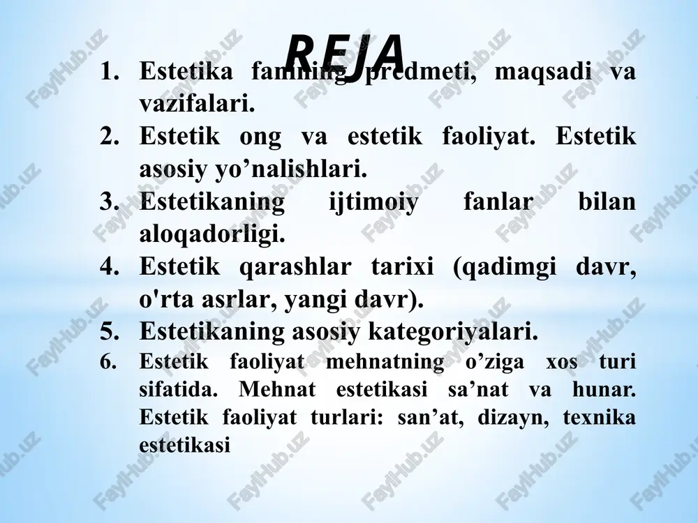 iy rivojining umumiy qonun-qoidalari haqidagi fandir. nafosat falsafasi fanining inson va jamiyat hayotida o'ziga xos amaliy ahamiyati shundaki u kundalik hayotimizda nafosat tarbiyasini to'g'ri yo'lga qo'yish orqali, jamiyatimizning har bir a'zosi go'zallikni chuqur his etadigan, uni asraydigan nafis did egalari bo'lishlarni ta'minlaydi. ya'ni insonni ma'naviy jihatdan kamolotga etaklaydi, estetik his-tuyg'uni taraqqiy ettiradi. haqiqiy go'zallikdan soxtasini ajratish qobilyatini shakllantiradi. estetikaning asosiy tushunchasi – go'zallik bo'lib u zohiriy va botiniy ma'noga ega, voqea-hodisa, buyum zohiran go'zal, botinan xunuk bo'lsa, bu erda tom ma'nodagi go'zallik deb bo'lmaydi. 7 jamiyat a'zolarini har jihatdan kamol topgan, nafis did egasi etib tarbiyalash; texnikaviy taraqqiyotni go'zallashtirish, dizayn va texnika estetikasining zamonaviy ko'rinishlarini ilmiy asoslash yoshlarda san'at, badiiy adabiyot va ijod jarayonini to'laqonli xis etish ko'nikmalarini shakllantirish va mustahkamlash; san'at va madaniyatdagi “ommaviychilik”ning salbiy ko'rinishlarini ijtimoiy hayotga ta'sirini ochib berish; san'atda, san'atkor shaxsida, dizayn va ishlab chiqarish sohalarida yuksak g'oyalarning estetik in'ikosini yoritib berish; insonlararo muloqotda estetik munosabatni …
