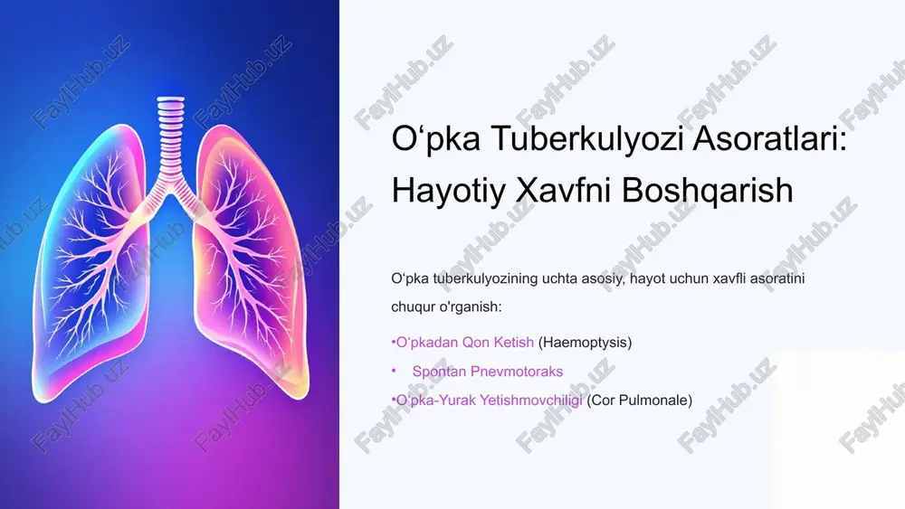 tirish. qon quyish zarur bo'lishi mumkin. bae (bronxial arteriya embolizatsiyasi) eng yangi va samarali usul hisoblanadi. spontan pnevmotoraks: mexanizmi va beligilari pnevmotoraks — bu plevra bo'shlig'ida havo to'planishi bo'lib, o'pkaning kollapsiga (yemirilishiga) olib keladi. tbda u oʻpka yuzasidagi kazeoz oʻchoqlarning yorilishi natijasida kelib chiqadi. mexanizm tuberkulyoz o'choqlarining plevra ostiga tarqalishi va yorilishi. bu havo o'pka to'qimasidan plevra bo'shlig'iga kirib borishiga olib keladi. asosiy belgisi to'satdan boshlanadigan o'tkir ko'krak qafasi og'rig'i va nafas qisilishi. ba'zida quruq yo'tal kuzatiladi. xavfli turi tarang pnevmotoraks (tension pneumothorax) — havo faqat bir tomonga o'tadigan, darhol hayotiy xavf tug'diruvchi holat. spontan pnevmotoraksni boshqarish konservativ boshqaruv (kichik pnevmotoraks) agar pnevmotoraks kichik bo'lsa va bemorning ahvoli barqaror bo'lsa, oddiy kuzatuv va to'shak rejimi tavsiya etiladi. kislorod terapiyasi havo rezorbsiyasini tezlashtiradi. naldan aspiratsiya yoki drainaj katta yoki tarang pnevmotoraksda plevra bo'shlig'idan havoni chiqarish uchun ko'krak qafasiga drenaj o'rnatish shoshilinch chora hisoblanadi. jarrohlik aralashuvi (vats) agar drenaj yordam bermasa, havo …