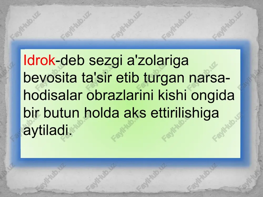 ajribalari, qiziqishlari, motivatsiyasi, ehtiyojlari va odatlari, umuman ruhiy hayotining barcha mazmuni bilan belgilanishidir. idrokning konstantligi deganda, biz idrok qilishdan ongimizda hosil bo'lgan obrazning real voqelikdagi bizga ta'sir etib turgan narsaning tabiiy holatiga har jihatdan mos bo'lishini tushunamiz. illyuziya – bizga ta'sir qilayotgan narsalarni yanglish idrok qilish demakdir. odatda ikki xil illyuziya farqlanadi: a) ob'ektiv illyuziya; b) sub'ektiv illyuziya. ob'ektiv illyuziya – hamma odamlar uchun umumiy harakterga ega bo'lib, uni geometrik illyuziya deb ham yuritiladi. ob'ektiv illyuziya biz idrok qilayotgan narsalarning o'zaro bir-biriga ta'siri tufayli yuz beradi. illyuziyaning bu turi har xil geometrik shakllarni idrok qilishda juda yaqqol ko'rinadi. sub'ektiv illyuziyalar odamning ayni choqdagi hissiy holati bilan bog`liq bo'ladi. boshqacha qilib aytganda, odamning hissiy holatida ro'y beradigan o'zgarishlar idrok jarayoniga ta'sir qiladi. go'yo aylanayotgandek tuyuladi. gallyutsinasiya voqelikdagi narsa va hodisalarning tana a'zolarini qabul qilish analizatorlarga bevosita ta'sir etmasdan inson ongida turli obrazlarning (ovozlarning eshitilishi, sharpalarning sezilishi) hayolan, fikran paydo bo'lishidan iborat …