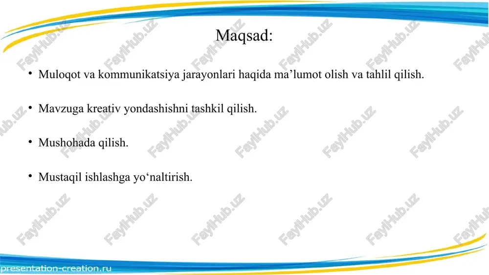 nlar, chizmalar, suratlar), axborot yozish, yetkazish va saqlashning texnik vositalari (radio- va videotexnika, yozuvning mexanik, magnitli, lazerli va boshqa shakllari) dagi belgilar tizimlari va yozuvdan iborat. 2. ohang, emotsional ifodalanganlik, bir xil iboraga turlicha ma’no berishga qodir. 3. suhbatdoshning mimikasi, gavda holati, nigohi ibora ma’nosini kuchaytirishi, to‘ldirishi yoki rad etishi mumkin. 4. imo-ishoralar muloqot vositasi sifatida umumiy qabul qilingan, ya’ni belgilangan ma’noga ega bo‘lishi yoki ekspressiv, ya’ni nutqning ifodaliligini yanada oshirishi mumkin. 5. suhbatdoshlar muloqotidagi masofa madaniy, milliy an’analarga, suhbatdoshga bo‘lgan ishonch darajasiga bog‘liq bo‘ladi. verbal muloqot faqat insonga xos bo‘lib, zarur shart sifatida tilni o‘zlashtirishni belgilab beradi. nutq muloqot vositasi sifatida bir vaqtning o‘zida ham axborot manbayi sifatida, ham suhbatdosh bilan o‘zaro ta’sirlashuv vositasi sifatida namoyon bo‘ladi. buyuk shoir sa’diyning so‘zlarini yodda tutish lozim: “aqling bormi yoki yo‘q, buyukmisan yo kichik, biz bilmaymiz, sen bir so‘z aytmaguningcha”. noverbal muloqot til, tovush nutqining qo‘llanilishiga asoslanmagan bo‘lib, bu mimika, imo-ishoralar, pantomimika, …