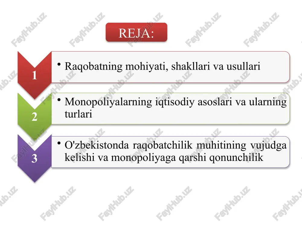 'tish maqsadga muvofiq hisoblanadi: 1 qalbaki bellashuv, majburiy safarbarlikni tan olmaydi 2 boqimandalik, befarqlik, yuzakichilik, ko'zbo'yamachilik kabi salbiy holatlarga barham beradi; 3 qarindosh-urug'chilikni, oshna-og'aynigarchilikni, tanish-bilishlikni, ma'muriy-buyruqbozlikni tan olmaydi narx vositasida raqobatlashuvda kurashning asosiy usuli bo'lib ishlab chiqaruvchilarning o'z tovarlari narxini boshqa ishlab chiqaruvchilarning shunday mahsulotlari narxiga nisbatan pasaytirishi hisoblanadi. narx vositasida raqobatlashish usullaridan biri – demping narxlarni qo'llashdir. narxsiz raqobat raqobat kurashining asosiy omili tovarlarning narxi emas, balki uning sifati, servis xizmat ko'rsatish, ishlab chiqaruvchi firmaning obro'-e'tibori hisoblanadi. narxsiz raqobat usullari ichida marketing muhim ahamiyatga ega bo'lib, u mahsulot ishlab chiqarish va sotish jarayonini talabga moslashtiruvchi tadbirlar tizimidan iborat. bozor iqtisodiyoti sharoitida talabni yaxshi o'rgangan va iste'molchilar ehtiyojlarini to'laroq qondira oladigan korxonalar har doim raqobat kurashida yutib chiqadi. monopoliya tushunchasiga turli o'quv adabiyotlarida turlicha ta'rif beriladi. 2. monopoliyalarning iqtisodiy asoslari va ularning turlari ba'zi o'rinlarda uni «davlat, korxonalar, tashkilotlar, sotuvchilarning qandaydir xo'jalik faoliyatini amalga oshirishdagi mutlaq huquqi» sifatida qaralsa, boshqa …