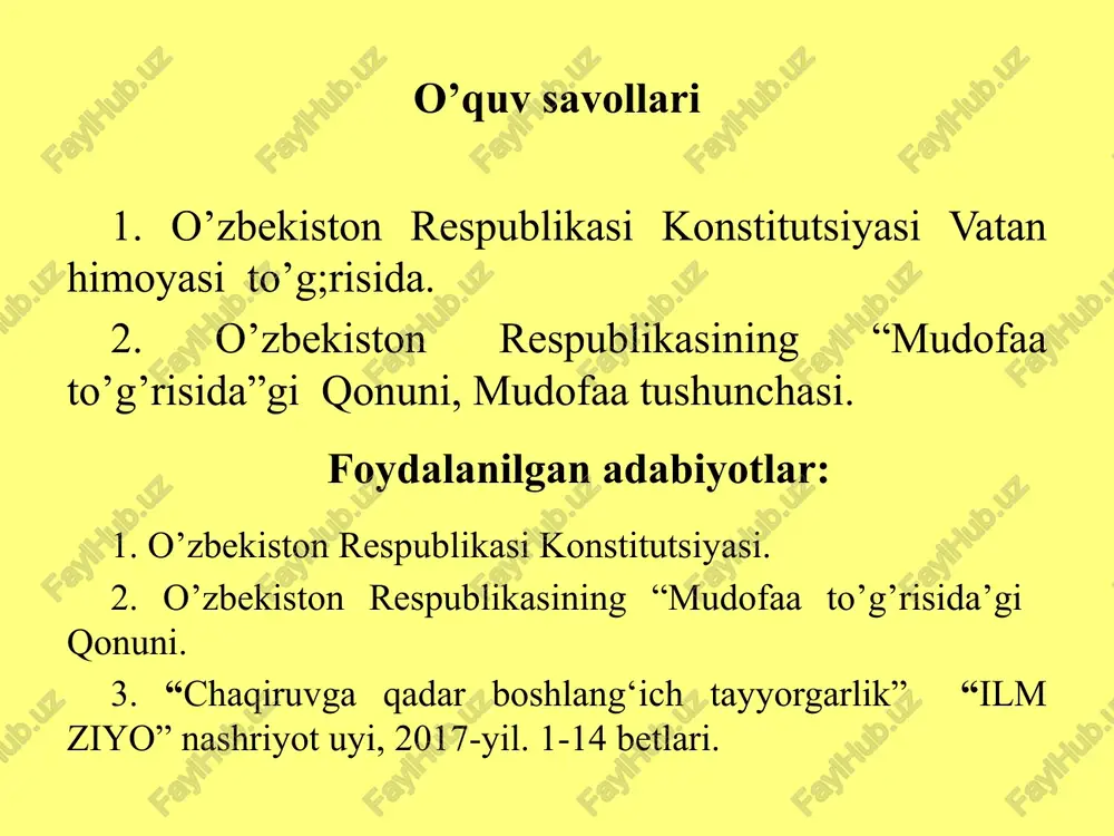 li kushlari serjantlarning maqomi to’g’risida”gi 170-sonli qarori qabul qilindi. 8. o’zbekiston respublikasi prezidentining 2006-yil 14-yanvar kunidagi “o’zbekiston respublikasi fuqoralarining harbiy xizmatni o’tash tartibi haqidagi nizonni tasdiqlash to’g’risida”gi pq-257-conli qarori. 1-o’quv savoli: o’zbekiston respublikasi konstitutsiyasi vatan himoyasi to’g;risida. 1-modda. o‘zbekiston - suveren demokratik respublika. davlatning “o‘zbekiston respublikasi” va “o‘zbekiston” degan nomlari bir ma’noni anglatadi. 3-modda. o‘zbekiston respublikasi o‘zining milliy-davlat va ma’muriyhududiy tuzilishini, davlat hokimiyati va boshqaruv organlarining tizimini belgilaydi, ichki va tashqi siyosatini amalga oshiradi. o‘zbekistonning davlat chegarasi va hududi daxlsiz va bo‘linmasdir. 125-modda. o‘zbekiston respublikasi qurolli kuchlari o‘zbekiston respublikasining davlat suverenitetini va hududiy yaxlitligini, aholining tinch hayoti va xavfsizligini himoya qilish uchun tuziladi. qurolli kuchlarning tuzilishi va ularni tashkil etish qonun bilan belgilanadi. 126-modda. o‘zbekiston respublikasi o‘z xavfsizligini ta’minlash uchun yetarli darajada qurolli kuchlariga ega. 17-modda. o‘zbekiston respublikasi xalqaro munosabatlarning to‘la huquqli subyektidir. uning tashqi siyosati davlatlarning suveren tengligi, kuch ishlatmaslik yoki kuch bilan tahdid qilmaslik, chegaralarning daxlsizligi, nizolarni tinch …