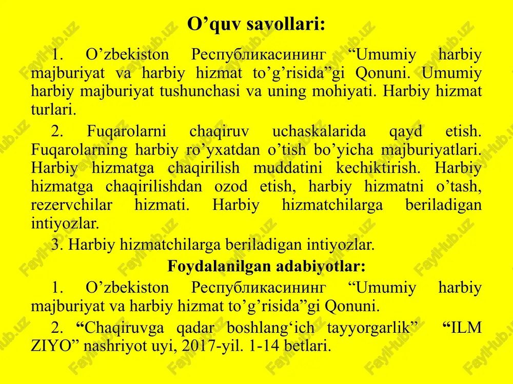 t muddatlari kalendar hisobida: -muddatli harbiy xizmatni oddiy askarlar va serjantlar tarkibi lavozimlarida o‘tayotgan harbiy xizmatchilar uchun-o‘n ikki oy (oliy ma’lumotli shaxslar uchun- to‘qqiz oy); -19 muddatli harbiy xizmatni chaqiruv bo‘yicha ofitserlar tarkibi lavozimlarida o‘tayotgan ofitserlar uchun to‘qqiz oy qilib belgilandi. 2-o’quv savoli. fuqarolarni chaqiruv uchaskalarida qayd etish. fuqarolarning harbiy ro’yxatdan o’tish bo’yicha majburiyatlari. harbiy hizmatga chaqirilish muddatini kechiktirish. harbiy hizmatga chaqirilishdan ozod etish, harbiy hizmatni o’tash, rezervchilar hizmati. o‘zbekiston respublikasi prezidentining qarori chaqiruv boshlanishiga kamida bir oy qolganida, ommaviy axborot vositalarida e’lon qilinadi. prezidentning qarori e’lon qilinganidan keyin chaqiriluvchilar, jumladan, vaqtincha ro‘yxatda turgan chaqiriluvchilar chaqiruv qog‘ozida ko‘rsatilgan muddatda chaqiruv punktida hozir bo‘lishi shart. harbiy xizmatda bo‘lishning boshlanishi deb: -harbiy xizmatga chaqirilgan chaqiriluvchilar hamda zaxiradagi ofitserlar uchun-harbiy qismga jo‘nash maqsadida mudofaa ishlari organida hozir bo‘lgan kun; -kontrakt bo‘yicha harbiy xizmatga kirganlar uchun harbiy xizmatni o‘tash to‘g‘risidagi kontrakt kuchga kirgan kun; -harbiy ta’lim muassasalariga, shuningdek, vazirliklar, davlat qo‘mitalari va idoralarning o‘qish …