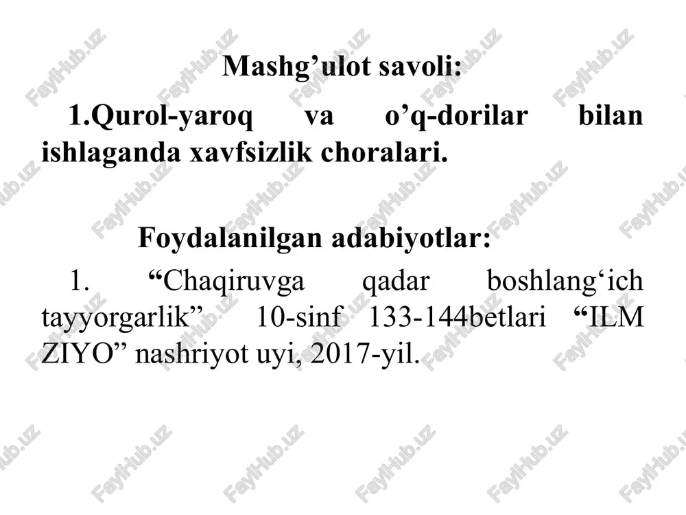 -dorilarni boshqa shaxslarga berish, shuningdek, ularni otish maydonida yoki mashg‘ulotlar o‘tkazish joylarida qoldirish; - o‘q-dorilarni qismlarga ajratish, ulardan poroxni chiqarib olish va olovga tashlash; - o‘q-dorilarni sumkalarda va kiyim-kechak cho‘ntaklarida qoldirish. image1.jpeg /docprops/thumbnail.jpeg