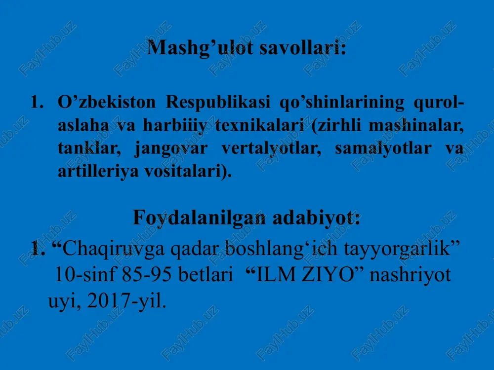 ‘ta olishi mumkin bo‘lgan to‘siq (devor)-0,5 m, ekipaji-3 kishi, desant-8 kishi. piyodaning jangovar mashinalari. bmp-1. piyodaning jangovar mashinasi-motoo‘qchi bo‘linmalar bilan jang olib borish uchun mo‘ljallangan. u olovli qudratlilikni, shaxsiy tarkibning jang maydonida himoyalanishi va harakatchanligini birmuncha oshiradi hamda vaziyat-ning har xil sharoitlarida muvaffaqiyatli harakatlanishga imkon yaratadi. jangovar mashina o‘qqa va o‘q parchalariga qarshi zirhga, ommaviy qirg‘in qurollaridan jamoaviy himoyalanish tizimiga, issiqlik va tutun apparaturalariga, yuqorimanyovrchanlikka ega. u suvli havzalarni suzib o‘tishi va havo orqali zararlangan uchastkalar, vayronalar va har xil to‘siqlardan o‘ta olishi mumkin. bmp-1 tankka qarshi boshqaruvchi raketalar (tqbr), 73 mm.li silliq stvolli tankka qarshi to‘p va unga juftlashtirilgan 7,62 mm.li pkt pulemyoti bilan qurollangan. taktik-texnik tavfisi. jangovar og‘irligi-13200 kg, ekiðaji-3 kishi (komandir, mo‘ljalga oluvchi-operator, mexanik-haydovchi), desant-8 kishi, quruqlikdagi eng yuqori tezligi-60 km/s, suvdagi tezligi-7 km/s, shosseda yurish zaxirasi 550-600 km, bosib o‘tuvchi ko‘tarilish-35°, chuqur kengligi-2,5 m, devor balandligi-0,7 m. bmp-2. piyodaning jangovar mashinasi-motoo‘qchi bo‘linmalar bilan jang olib borish …