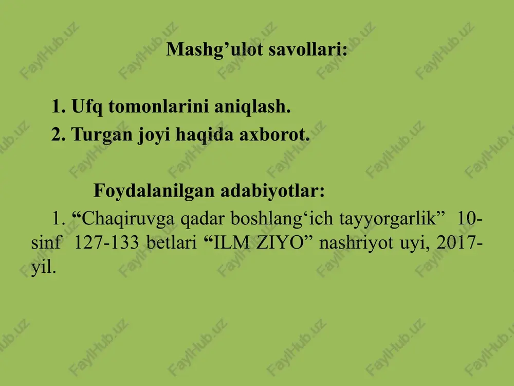 holatda ushlab turib, xayolda soat millari burchagi va raqamlari o‘rtasida bo‘linadi. olingan to‘g‘rilik janubga harakatlanishi yaqinlashganini ko‘rsatadi. kunning yarmigacha aylanma yoyini o‘rtasidan bo‘lib, soat millari 13.00 (14.00)dan, kunning yarmidan keyin esa, aylanma yoyi 13.00 (14.00)dan o‘tganda bo‘linadi. ufq tomonlarini qutb yulduzlariga qarab aniqlash maqsadida, osmondagi yulduzlar orasida katta ayiq (katta yetti og‘ayni) yulduzini topish zarur. keyin esa, ikki cho‘mich yulduzi o‘rtasidan, xayolan to‘g‘ri kesib (a va b), kengaygan qismi tomonigacha kuzatish davom ettiriladi va besh marta ajratiladi. olingan nuqta qutb yulduzlari tartibini ko‘rsatadi, qaysiki, yulduzlar kichik ayiq (kichik yetti og‘ayni) yulduzi bilan birga chiqadi va har doim shimolga harakatlanishda bo‘ladi. joydagi predmetlar belgilari orqali ufq tomonlarini aniqlash maqsadida, joydagi predmetlar quyosh yo‘nalishi tartibida aniqlanadi. o‘rmonlardagi chumoli uyalari janubga tikka tushgan bo‘ladi; o‘t-o‘lanlar va boshqa daraxt mevalari o‘z ko‘rinishini janub tomonga qarab jilovlantiradi. janubga qarab turlanishda esa, bahorda qor shimolga nisbatan janubda tez eriydi. nasroniy ibodatxonalari va protestantlar xochi hamma vaqt …
