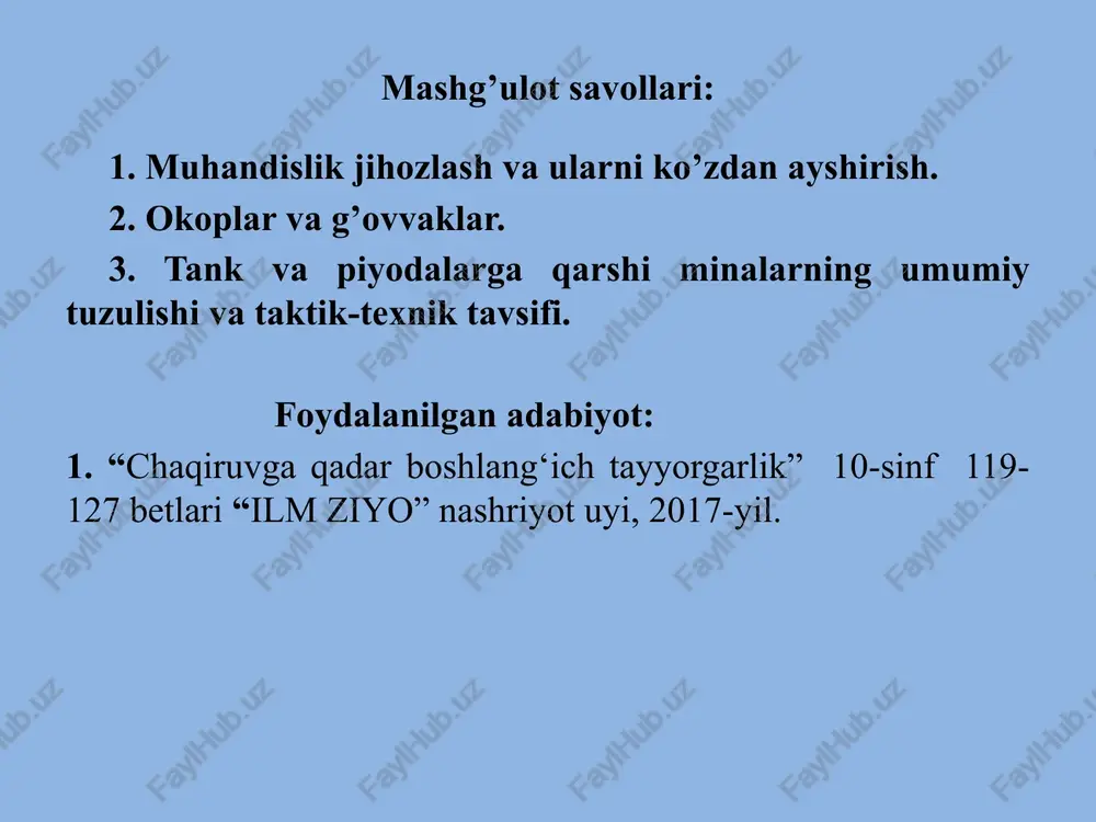 tizzadan otish uchun okopni o’lchamlari. uzunligiga-170 sm, eniga-60 sm va chuqurligi -60 sm. mpl belkuragida a’lo-55 daq, yahshi-1 soat daq, qoniqarli-32 daq. bsl110 kuragida a’lo-40 daq, yahshi-45 daq, qoniqarli-55 daq. yotib otish uchun okopni o’lchamlari. uzunligiga-170 sm, eniga-60 sm va chuqurligi -110 sm. mpl belkuragida a’lo-1 soat 30 daq, yahshi-1 soat 40 daq, qoniqarli-2 soat. bsl110 kuragida a’lo-1 soat 05 daq, yahshi-1 soat 10 daq, qoniqarli-1 soat 25 daq. o‘qchilar, pulemyotchilar va granatomyotchilar avval yotgan holda otish uchun, keyinchalik ochiq joygacha 60 sm chuqurlikda tizza holatida va 110 sm chuqurlikda turgan holatlarda otish uchun yakka-yakka okoplar tayyorlashadi. granatomyotchilar uchun ham, o‘qchilar uchun ham xuddi shunday yakka okop kerak bo‘ladi. ularning farqi shundaki, granatomyotning otish yo‘nalishidagi qarama-qarshi tomonlari tuproq uyumlari bilan to‘ldirilmaydi. okopda granatomyot o‘qchisi, granatomyot uchun maydonga granatomyot va uning o‘q-dorilarini yashirish uchun kovaklar qilinadi. dushmanning o‘qi va yondiruvchi vositalaridan himoyalanish maqsadida okoplarda bir, ikki kishi uchun tuproq uyumlaridan yasama …