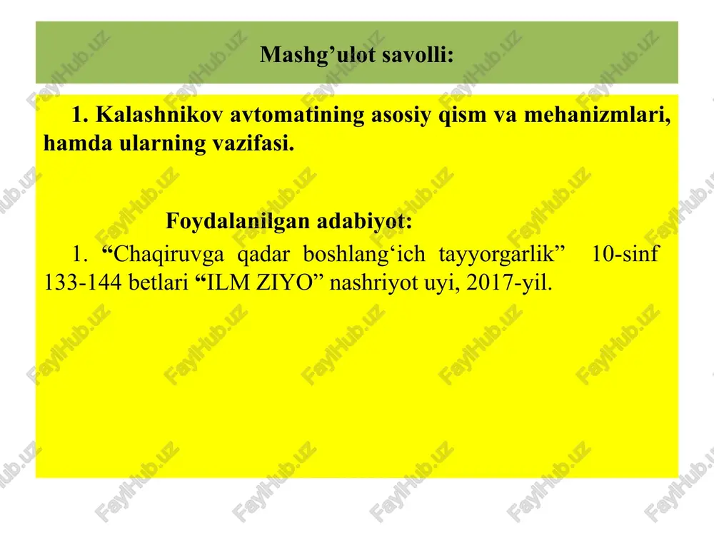 a keltirish uchun xizmat qiladi zatvor patronni patrondonga yuborish, stvol kanalini yopish, kapsulni ezish va patrondan gilza (patron)ni sug‘urib olish uchun xizmat qiladi. qaytaruvchi mexanizm-zatvor ramasini zatvor bilan birga oldingi holatga qaytarishni ta’minlaydi. gaz trubkasi gaz porsheni harakatini yo‘naltirish uchun xizmat qiladi. stvol usti qoplamasi avtomatchi (pulemyotchi)ni o‘t ochish chog‘ida stvol qiziganda, qo‘llarini kuyishdan asrashga mo‘ljallangan. zarbdor-tepki mexanizmi tepkini jangovar holatdan xalos etish, zarbdorga zarba berish, avtomatik va yakka tarzda o‘t ochilishini ta’minlash, o‘t ochishni to‘xtatish, zatvor yopilmagan hollarda o‘t ochishning oldini olish va avtomat (pulemyot)ni saqlagichga qo‘yish uchun xizmat qiladi. jangovar prujinali tepki - zarbdorga zarba berishga mo‘ljallangan. tepkida jangovor vzvod, to`xtovsiz avtoboshlovchi vzvod o`qini aylanuvchi qismi bo`yini va o`q (osi)lar uchun teshiklar mavjud. jangovar prujina tepkini aylanuvchi qismi bo`yicha kirgizilib va o`z ilmoqlari bilan tepkini hamda oxirida boshlovchi tepkini to`g`ri burchakli tumshug`i harakalanishiga olib keladi. tepki harakatini so‘ndirgich - oldindagi jangda avtomatik tarzda o‘qlar-ning g‘ujligini amalga oshirishda tepkini …