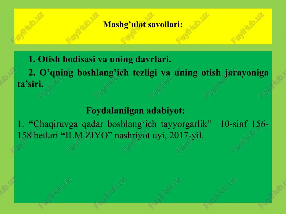tvol kanalidan keng yoyilib chiqqan gaz, o‘qning ortidagi alanga harakatlanishida zarb to‘lqinini vujudga keltirib, otish davrida tovush manbayini hosil qiladi. o‘q uchish inersiya ta’sirida havoda harakatlanishni davom ettiradi. qurolning stvol kanalidan otilib chiqqan o‘q tezligini oshirish bilan birga uchish nuqtasigacha harakatlanish holati o‘qning boshlang‘ich tezligi deyiladi. qurol (stvol)ning otish davrida ro‘y beradigan ortga harakatlanish holatini, qurolning ortga qaytarilishi (silkinishi) deyiladi. qurolning ortga qaytarilishida o‘qning chiqishi, stvolga ta’sir etish va yana boshqa sabablar, otishgacha bo‘lgan stvol kanalini do‘lboshi (og‘zi) qismi yo‘nalishida burchakni yuzaga keltiradi. bu stvol kanalidan chiqqan o‘qni havoda uchish davrigacha burchakni tashkil etadi. bunday burchak uchish burchagi deyiladi. 2-o’quv savoli. o’qning boshlang’ich tezligi va uning otish jarayoniga ta’siri. avtomat stvolidan otilgan o‘qlarning burchak balandligi aniq belgilangan holatda bo‘lishi lozim. o‘qning havodagi uchish davri bir yo‘nalishda bo‘ladi. bu yo‘nalishni esa o‘qning uloqtirish yo‘nalishi deyiladi. o‘q havodagi uchishi davrida, og‘irlik markazidan egri yo‘nalishga yozilib harakat qilish yo‘lini trayektoriya (harakatlanish yo‘li) deyiladi. …