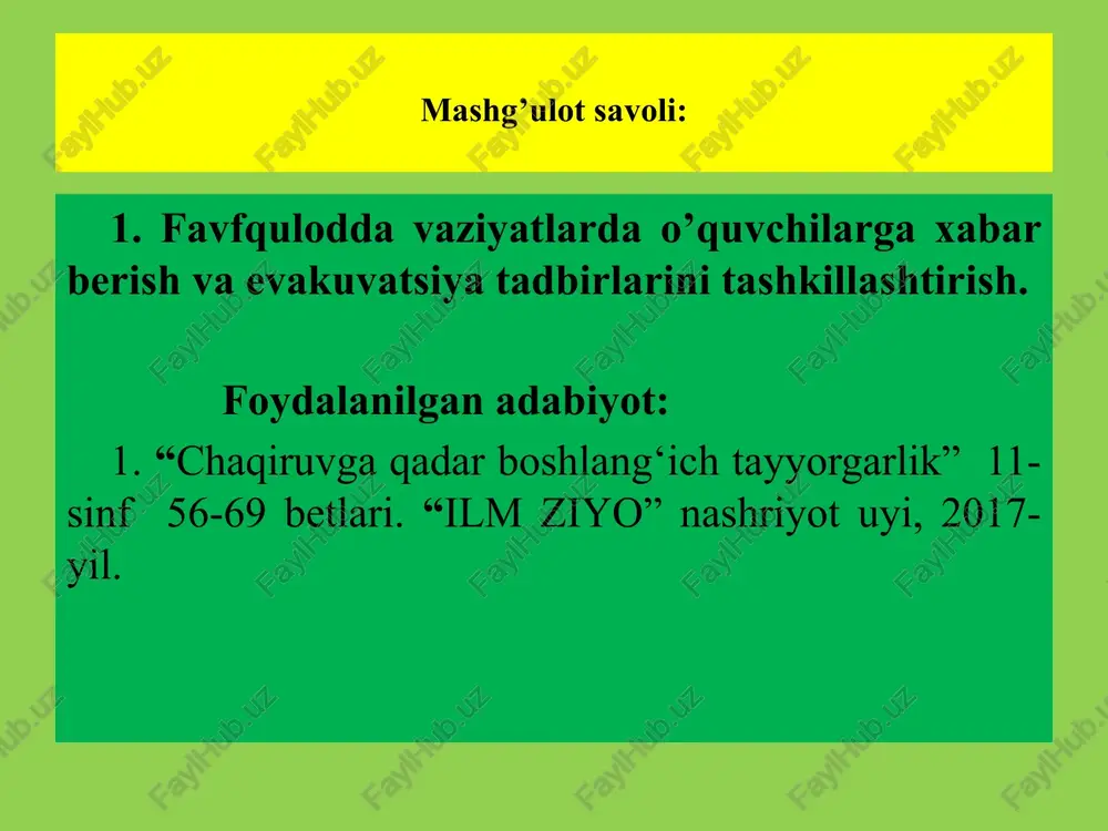 i bir necha mintaqa hududini qamrab olgan hollarda amalga oshiriladi. favqulodda vaziyat hududida qolgan va evakuatsiya qilinadigan aholi soniga ko‘ra evakuatsiya ikki turga ajratiladi: -umumiy evakuatsiya favqulodda vaziyat hududidan aholining barcha toifasi olib chiqilishini nazarda tutadi. -qisman evakuatsiya favqulodda vaziyat hududidan mehnatga layoqatsiz aholi, maktabgacha yoshdagi bolalar, maktab, litsey, kollej, oliygoh o‘quvchi va talabalari olib chiqilishi zamr bo‘lganda o‘tkaziladi. evakuatsiya o‘tkazish to‘g‘risida xabar olingandan so‘ng quyidagi tadbirlar amalga oshiriladi: - evakuatsiya organlari, korxona, tashkilot rahbarlariga, shuningdek, aholiga evakuatsiya boshlangani va o‘tkazilish tartibi to‘g‘risida xabar berish; - evakuatsiya organlarini yoyish va shay holatga keltirish; - xavfsiz hududlarga evakuatsiya qilinadigan aholini yig'ish va jo‘natishga tayyorlash; - piyoda kolonnalarini shakllantirish va boshlanghch punktlarga olib chiqish, transportlarga chiqarish joylariga transport vositalarini keltirish va aholini chiqarish; - evakuatsiya qilingan aholini awaldan hayot faoliyatining birinchi navbatdagi turlari ta’minlab qo‘yilgan xavfsiz joylarda qabul qilib olish va joylashtirish. evakuatsiya 2 bosqichda: 1-transportga chiqqan joydan oraliq evakuatsiya punktlarigacha; 2-oraliq …