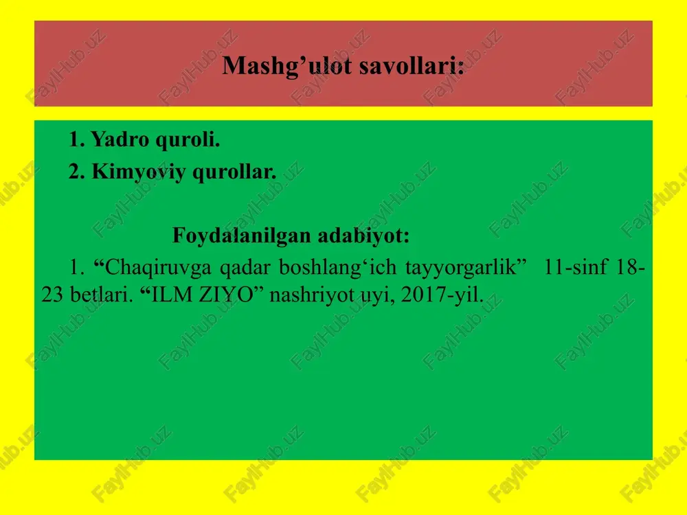yadroviy portlashda chiqadigan ko‘rinmas va sezilmas gamma-nurlar hamda neytronlar oqimidan iborat. bunga yadioviy portlash energiyasining taxminan 5% i sarflanadi. yadroviy portlash sodir bo‘lgandan 15-20 soniya o‘tgach, yadro va termoyadro reaksiyasi natijasida gamma-nurlar, neytronlar oqimi, alfa va beta-zarrachalarning juda kuchli oqimi tarqaladi. 0 ‘tuvchan radiatsiyadan saqlanish uchun pana joy va inshootlardan foydalaniladi. himoya qiluvchi vositalaming zichligi qancha yuqori bo‘lsa, u gamma-nurlami o‘zida shuncha ko‘p tutib qoladi. 0 ‘tuvchan radiatsiya tirik to‘qimalar molekulalarini ionlashtirib, organizmning hayotiy faoliyatini buzadi va insonni turli darajadagi nur kasalligiga yo‘liqtiradi, ba’zan esa halok qiladi. image1.jpeg /docprops/thumbnail.jpeg