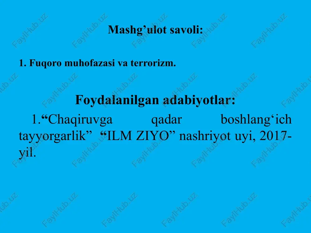 o`zbekiston respublikasi aholisini, hududlarini, moddiy va ma`daniy boyliklarini muhofaza qilish maqsadida o`tkaziladigan tadbirlarning davlat tizimi. o`zbekiston respublikasi “fuqoro muhofazasi tuzilmalari” asosiga quydagi tamoyillar kiritilgan: 1. hududiy tamoyil: o`zbekiston respublikasi ma`muriy bo`linishiga qarab, viloyatlar, shaharlar, tumanlarda fuqoro muhofazasi bo`limlarining tashkil etilishi; 2. ishlab chiqarish tamoyili: vazirliklar, davlat qo`mitalari, trestlar, korparatsiyalar, kompaniyalar, asossiatsiyalar, tashkilotlar va korxonalarda fuqaro muhofazasi bo’linmalarining tashkil etilishi. fuqoro muhofazasi bo’yicha umumiy rahbarlikni o’zbekiston respublikasi bosh vaziri olib boradi. terrorizm - zo’rlik, zo’rovonlik va qo’rqitish degan ma’noni anglatadi. terror-lotincha qo’rquv yoki daxshat so’zidan olingan o’zbekiston respublikasining 2000-yil 15-dekabr kunida qabul qilingan “terrorizmga qarshi kurash to’g’risida”gi qonunida terrorizm tushunchasiga quyidagicha ta’rif berilgan: terrorizm-mafkuraviy va boshqa maqsadlarga erishish uchun shaxsning xayoti, sog’ligiga xavf tug’duruvchi, mol-mulk va boshqa moddiy ob’eklarning yo’q qilinishi (shikastlantiriishi) xavfini keltirib chiqaruvchi, xamda davlatni, xalqaro tashkilotni, jismoniy yoki yuridik shaxsni biron-bir xarakatlar sodir etishga yoki sodir etishdan tiylishga majbur qiishga, xalqaro munosabatlarni murakablantirishga, davlatning suverenitetini, xududiy yaxlitlilitligini buzushga, …
