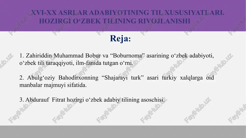 utgan o‘rni. arab, hind tillarining oʻziga xos tovush tizimi, oʻzbek tili tovush tizimidan farqlanishi, shuningdek, har qaysi tilning shevalararo fonetik farqlanishi, shuning uchun ham ayrim soʻzlarning shu tilning fonetik qonuniyatiga muvofiqlashishi haqida fikr yuritadi. zahiriddin muhammad bobur umum oʻzbek lafzining barcha imkoniyatlarini ishga solgan va ustozi alisher navoiy anʼanasini davom ettirgan holda, oʻzbek tilining sayqallanuvida, badiiy, publitsistik, rasmiy va ilmiy uslubining shakllanishida katta iz qoldirgan ulkan soʻz sanʼatkori boʻlishi bilan birga, tilshunoslikning grafika, onomastika, etimologiya, leksikografiya sohalarining rivojiga munosib ulush qoʻshgan tilshunos olim hamdir. abulg‘oziy bahodirxonning “shajarayi turk” asari turkiy xalqlarga oid manbalar majmuyi sifatida. xiva xoni abulgʻoziy bahodirxon hijriy 1012-yilning rabbiyul avval oyining 15-kunida urganch shahrida tugʻilgan. u oʻzbeklarning qoʻngʻirot urugʻidan boʻlgan. abulgʻoziy barcha fanlarni, ayniqsa tarix va adabiyotni puxta egallab, davrining allomasi darajasiga koʻtarildi. abulgʻoziy bahodirxondan ikkita tarixiy asar meros qoldi: “shajarayi tarokima” va “shajarayi turk” (1663-1664-yillarda yozilgan). birinchi asar turkman mullalari, shayxlari va beklarining iltimosi bilan yozilgan …