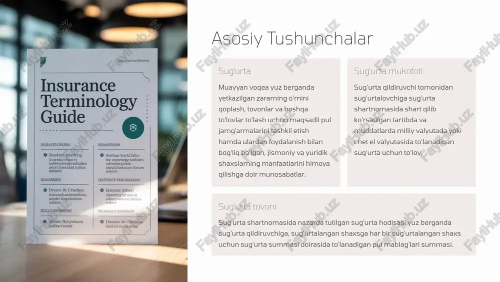 yicha vositachilik faoliyatiga yo'l qo'yilmaydi. 4 transchegaraviy sug'urta va qayta sug'urta transchegaraviy sug'urta sug'urta tashkiloti tomonidan boshqa davlat hududida sug'urta shartnomalarini tuzish va bajarish bo'yicha faoliyatni amalga oshirish bilan bog'liq sug'urta transchegaraviy sug'urtadir. qayta sug'urta sug'urta tashkiloti tomonidan o'zi qabul qilgan sug'urta tavakkalchiliklarini qayta sug'urtaga o'tkazish prudensial normativlarni hisoblash tartibiga doir talablar hisobga olingan holda amalga oshiriladi. transport vositalari egalarining javobgarligi o'zbekiston respublikasidan tashqariga chiqayotgan transport vositalari egalarining fuqarolik javobgarligini sug'urta qilish shartnomalarini o'zbekiston respublikasi hududida norezident bo'lgan sug'urta tashkiloti nomidan tuzish bo'yicha vositachilik faoliyatini tegishli litsenziyaga ega bo'lgan rezidentlar amalga oshirishi mumkin. 5 sug'urta sohalari va turlari hayotni sug'urta qilish jismoniy shaxslarning hayoti, sog'lig'i, mehnat qobiliyati va pul ta'minoti bilan bog'liq manfaatlarini sug'urta qilish, bunda shartnoma bo'yicha sug'urtaning eng kam muddati bir yilni tashkil etadi. umumiy sug'urta shaxsiy, mulkiy sug'urta, javobgarlikni sug'urta qilish hamda hayotni sug'urta qilish sohasiga taalluqli bo'lmagan boshqa sug'urta turlari. sug'urta turlari (klasslari) sug'urta tavakkalchiliklarining yoki …