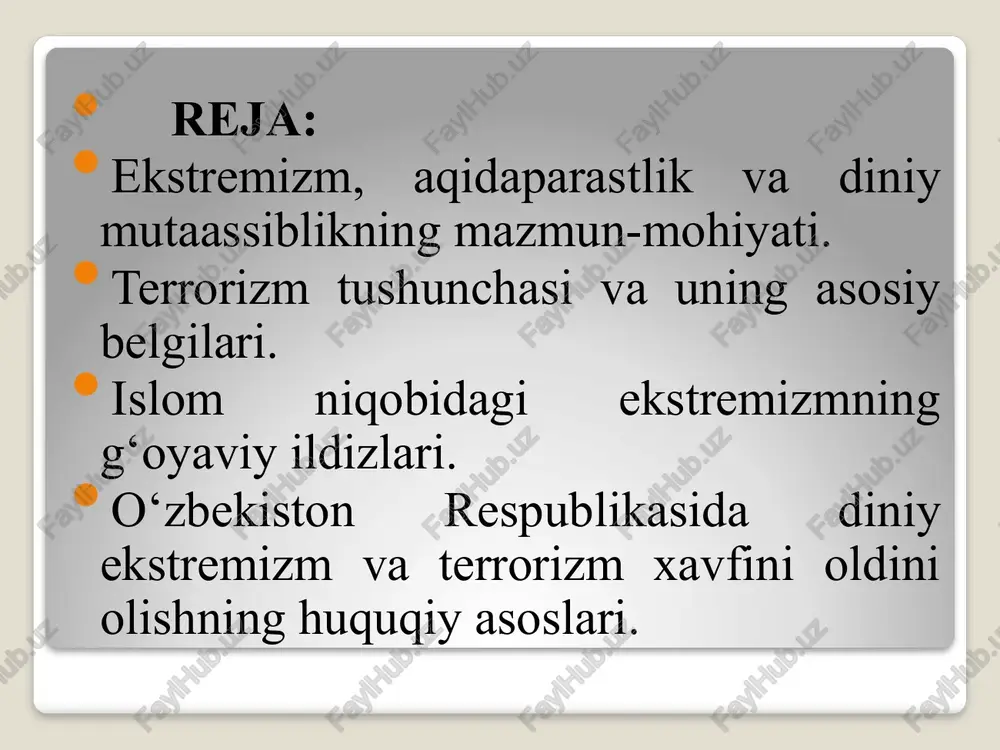 dandir. diniy foleotelizm diniy ekstremizm va terorizmga zamin tayyorlaydi. fundamentalizm iborasi ilk bor birinch jahon urushi arafasida vujudga kelgan protentantizmdagi ortodoksal oqimlarini ifodalash uchun ishlarilgan. asrimizning 70-yillaridan boshlab esa bu so’z islomga nisbatan ishlatila boshlandi fundamentalizm trodisionalizm modernizm o’zbekistonga nisbatan islom fudamentalizmini tahdidi. aqidaparastlikni yoyish, bu yo’l bilan musilmonlarning islohatchi davlatga ishonchini yo’qotishga urunishda o’zini namoyon etmoqda. vahobiylik vahobiylik xviii asrda arabiston yarim orolida vujudga kelgan diniy-siyosiy oqimdir uning asoschisi muhammad ibn abd al-vahhob 1703 yili arabiston yarim oroli najd o’lkasining al-uyayna degan joyda tavallud topgan. diniy fundamentalizm – aqidaning o’zgarmasligini himoya qiladigan, vahy va mo’jizalarning muqaddas kitoblaridagi bayonining harfiy talqini tarafdorlari, ularning har qanday majoziy talqiniga murosasiz, so’zma-so’z talqiniga asoslangan etiqodi aqlga tayangan mantiqiy dalillardan ustun qo’yadigan diniy oqimlarni ifodalashda qo’llaniladigan islohatdir. radikal diniy oqimlar al-ihvon al-musli 1928 yili misirning ismoiliya shahrida shayx hasan al-banno tomonidan tashkil etilgan diniy siyosiy tashkilotdir. keyingi davrda al-ihvon al-muslimin orasida bo’linish yuz berdi, …
