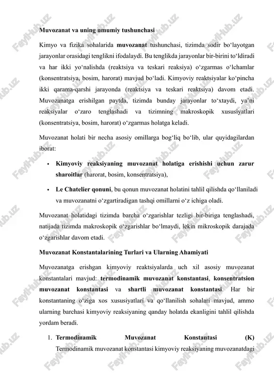 ini ifodalaydi va tizimning energiya taqsimoti bilan bog‘liq. bu konstanta o‘zgarishlarning maksimal energiya darajasi va entropiya darajasiga erishgan paytni ko‘rsatadi. agar termodinamik muvozanat konstantasi katta bo‘lsa, reaksiyaning mahsulotlar tomoniga burilishi ko‘proq bo‘ladi. harorat va bosimning o‘zgarishi termodinamik muvozanat konstantasining qiymatiga ta’sir qiladi, lekin bu konstantaning to‘g‘ridan-to‘g‘ri reaksiyaning konsentratsiyasiga bog‘lanmaganligi ajralib turadi. 2. konsentratsion muvozanat konstantasi (kₐ) konsentratsion muvozanat konstantasi kimyoviy reaktsiyalar va ularning muvozanatdagi konsentratsiyasini ifodalaydi. bu konstanta mahsulotlar va reagentlar orasidagi nisbiy konsentratsiyalarni hisobga oladi. konsentratsion muvozanat konstantasi quyidagi ko‘rinishda ifodalanadi: kc=[c]c[d]d[a]a[b]bk_c = \frac{[c]^c [d]^d}{[a]^a [b]^b}kc​=[a]a[b]b[c]c[d]d​ bu yerda [a],[b],[c],[d][a], [b], [c], [d][a],[b],[c],[d] — reaktantlar va mahsulotlarning konsentratsiyasi. konsentratsion muvozanat konstantasi reaksiyaning qanday muvozanat holatida ekanligini aniqlashda yordam beradi. agar kₐ qiymati katta bo‘lsa, bu mahsulotlar tomoni yo‘nalishini ko‘rsatadi. 3. shartli muvozanat konstantasi (kₚ) shartli muvozanat konstantasi gazlar bilan bo‘ladigan kimyoviy reaksiyalarni tahlil qilishda qo‘llaniladi va tizimdagi gazlarning shartli (qisman) bosimlariga asoslanadi. shartli muvozanat konstantasi gazlarning konsentratsiyasi o‘rniga bosimini hisobga …