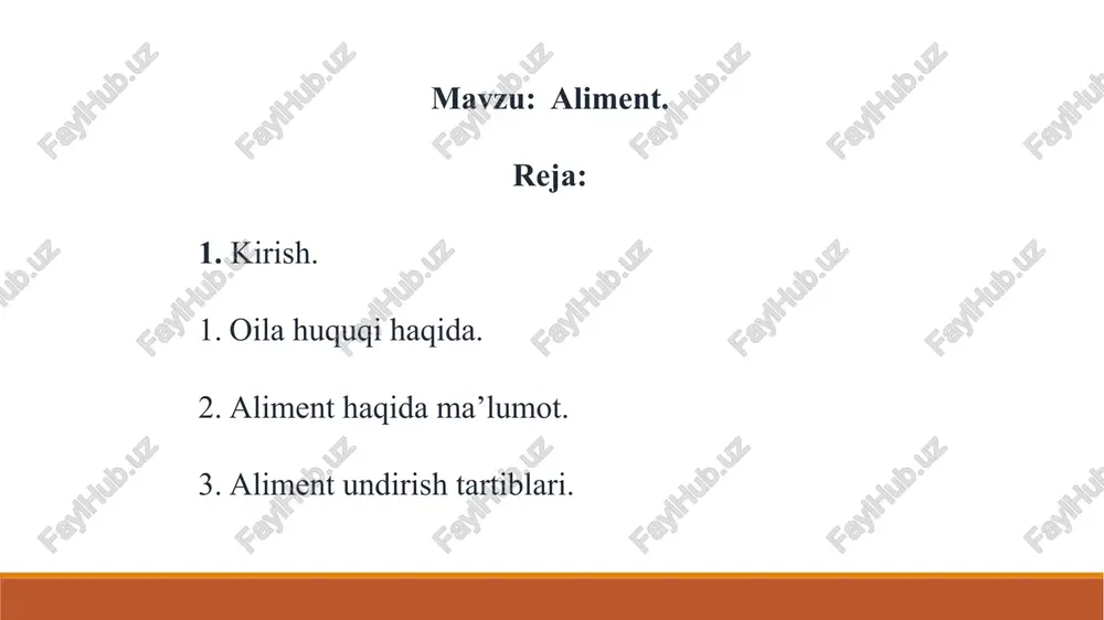 n tuzilgan uyushma bo‘lib, oila a’zolari o‘rtasida mulkiy va shaxsiy huquq, majburiyatlarni vujudga keltiradi. oila, davlat himoyasidadir. oilaning davlatimizning kelajagidagi o‘rniga keng baho berib, konstitutsiyaning 77- moddasida “ota-onalar va ularning o‘rnini bosuvchi shaxslar o‘z farzandlarini voyaga yetguniga qadar boqishi, ularning tarbiyasi, ta’lim olishi, sog‘lom, to‘laqonli va har tomonlama kamol topishi xususida g‘amxo‘rlik qilishga majburdirlar.”, degan jumlalarning kiritilgani inson qadrini qonun bilan himoya qilishdir oila munosabatlari “o’zbekiston respublikasi oila kodeksi” bilan tartibga solinadi. bu munosabatlarni nikoh, er-xotin, ota-ona, farzandlar, oilaning boshqa a’zolari o‘rtasidagi munosabatlardir. ma’lumki, 1998-yil ”oila yili” deb e’lon qilindi. o’zbekiston respublikasi vazirlar mahkamasi tomonidan oila manfaatlarini ta’minlash borasida 1998-yilda amalga oshiriladigan tadbirlar borasida davlat dasturi tasdiqlandi. shuningdek, 1998-yil 2-fevraldagi qaror bilan respublika “oila” ilmiy-amaliy markazi tashkil etildi. mustaqil o’zbekistonimiz 1995-yil 6-martda “onalikni muhofaza qilish to‘g‘risida”gi konvensiyaga qo‘shildi. oila huquqining manbalari: o’zbekiston respublikasi konstitutsiyasi: aliment — bu biror shaxsning boshqa bir shaxs foydasiga qonuniy majburiyat asosida moddiy yordam (odatda pul …