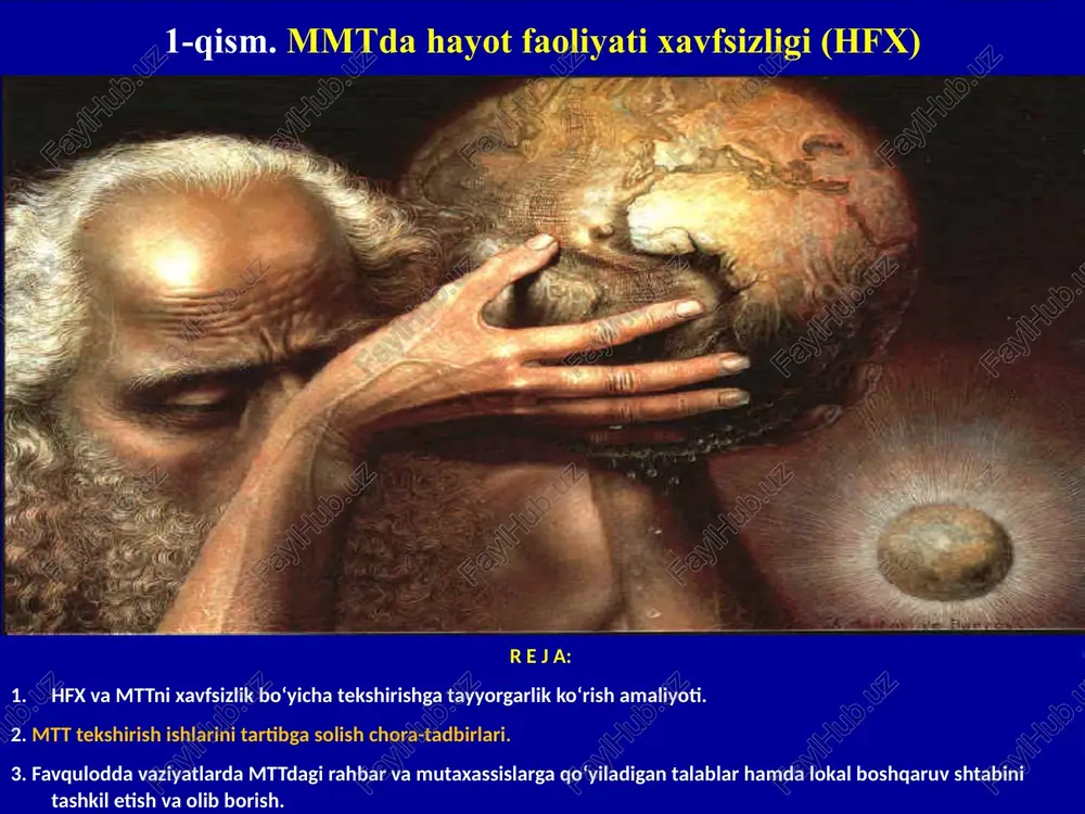 s” epidemiyasi, buxoro viloyatining qorako'l va olot tumanlarida to'fonlarning esishi, “sardoba” suv omborida bo'lib o'tgan favqulodda vaziyatlar mazkur muammoga maktabgacha ta'lim tizimida ham jiddiy qarashga undamoqda. 3 yangi oʻzbekistonda hayot faoliyati xafsizligi talablari 2022-yil 28-yanvardagi “2022-2026-yillarda moʻljallangan yangi oʻzbekistonning taraqqiyot strategiyasi toʻgʻrisida”gi oʻzr prezidentining pf-60 farmonining: 1-ilova 88-maqsadida: pandemiya va shu kabi ofatlar bilan bogʻliq jarayonlarning barvaqt oldini olish, vaziyatni har tomonlama chuqur tahlil qilib, boʻlajak xavf-xatarlarni, ular bilan bogʻliq muammolarni oldindan prognoz qilish, ularning yechimiga aniq reja va choralar bilan tayyor turish tizimini yaratish. 2-ilova 39-maqsadida: maktabgacha ta’lim tizimida ta’lim sifatini yangi bosqichga olib chiqish, 1-bandida «maktabgacha ta’lim tizimi xodimlarining malakasini oshirish shakl va metodikalarini xalqaro tajriba asosida qayta ko‘rib chiqish» 2022 yil iyun oyigacha/ hozirda 2019-yil 25-apreldagi “maktabgacha hamda umumtaʼlim muassasalari faoliyatini tekshirish ishlarini tartibga solish chora-tadbirlari toʻgʻrisida”gi 352-son qarori covid 19 pandemiyasi davrida mttning ish faoliyatiga qoʻyiladigan vaqtinchalik sanitariya-gigiyenik talablar. htt’s://mdo.uz/uzc/covid-19-’andemiyasi-davrida-maktabgacha-talim; oʻzbekiston respublikasi vazirlar mahkamasining 2020-yil 26-avgustdagi …