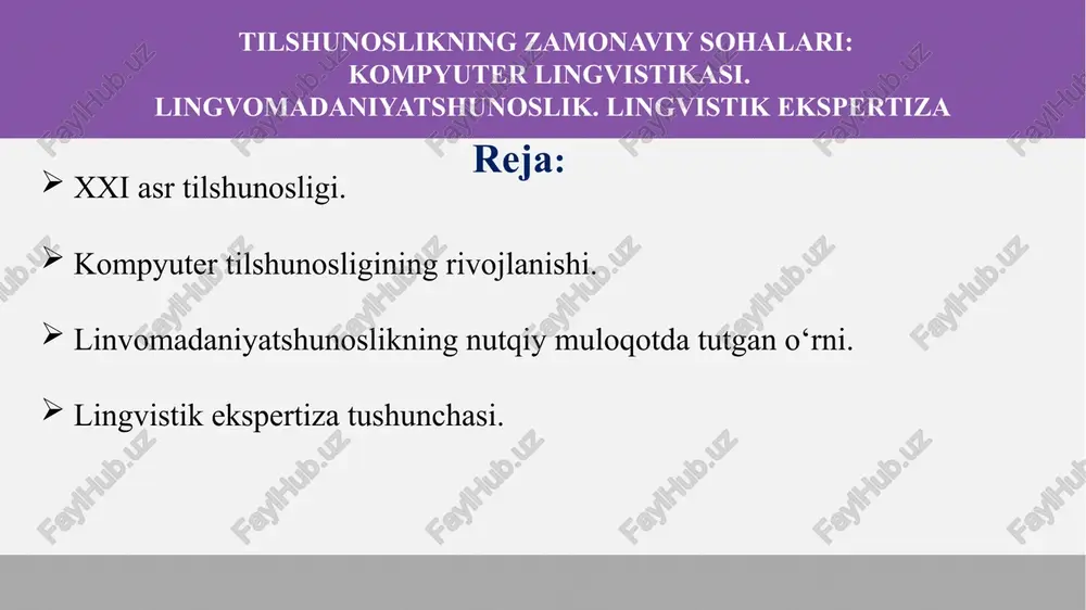 kcha yoki oʻzbekcha-inglizcha, ruscha-oʻzbekcha yoki oʻzbekcha-ruscha tarjimon dasturlari ishlab chiqilmoqda; oʻzbek tilidagi matnlarni tahrir qilish dasturlarining 1-versiyalari yaratilmoqda; shuningdek, oʻzbek lingvistik avtomatini yaratish boʻyicha dastlabki ishlar amalga oshirilgan, kompyuter yordamida ayrim chastotali lugʻatlar, ters (chappa), alfavitli lugʻatlar tuzilgan, bu sohadagi ishlar hozirgi kunda jadal surʻatlar bilan davom ettirilmoqda. kompyuter lingvistikasining asosiy yoʻnalishlari avtomatik tarjima, tarjimon dasturlar, avtomatik tarjimaning maʻlumotlar bazasini yaratish, kompyuter leksikografiyasi, matematik statistika, tabiiy tillarning kompyuter lug‘atlarini yaratishdan iborat. undan tashqari til oʻrgatish jarayonini avtomatlashtirish, til oʻrgatuvchi avtomatlar uchun nutqiy materiallarni tayyorlash, oʻquv dasturlarini yaratish, bilimlarni baholash dasturlarini tuzish, til oʻrgatish jarayoni uchun maʻlumotlar bazasini yaratishni ham o‘z ichiga oladi. kompyuter lingvistikasining avtomatik tahrir yoʻnalishi ham mavjud bo‘lib, u avtomatik tahrir yoʻnalishining vujudga kelishi va uning dunyo tilshunosligidagi rivoji, avtomatik tahrir dasturlarini yaratish tamoyillari, avtomatik tahrir uchun maʻlumotlar bazasini yaratish kabi jarayonlarni qamrab oladi. kompyuter tilshunosligining rivojlanishi. linvomadaniyatshunoslikning nutqiy muloqotda tutgan o‘rni lingvokulturologiya tilshunoslikning mustaqil yo‘nalishi sifatida xx …