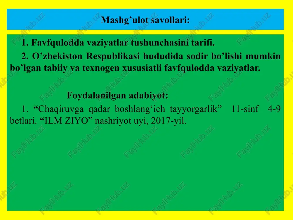 bosh vazir, viloyatda-viloyat hokimi, shaharda-shahar hokimi, tumanda-tuman hokimi va maktabda-maktab direktori. favqulodda vaziyatlarda quyidagi rejimlar mavjud: kundalik faoliyat rejimi; yuqori tayyoigarlik rejimi; favqulodda vaziyat rejimi. favqulodda vaziyat sodir bolganda o‘quvchilaming majburiyatlari nimalardan iborat? favqulodda vaziyatlar sodir bo‘lganda nima qilishi kerakligini bilishi, kundalik hayotda maktab hududida va maktabdan tashqarida to‘g‘ri harakatlanish qoidalarini o‘zlashtirishi, yong‘inga qarshi xavfsizlik choralarini bajarishi, himoya vositalarining qayerda saqlanishini, himoya vositalarini to‘g‘ri qo‘llashni, yonidagilarga birinchi yordam berish qoidalarini bilishi, evakuatsiya paytida rahbariarning buyruqlarini tez va to‘g‘ri bajarishi shart. evakuvatsiya-bu aholini yhtimoli bo’lgan yoki yuz bergan tabiiy texnogen xususiyatli favqulodda vaziyat hududidan aholini, moddiy va ma’dananiy boyliklarni avvaldan tayorlabqyilgan hafsiz joylarga vaqtinchalik joylashtirish, xamda hayot sharoitlarini yaratish majmuidir. evakuvatsiya qilish usullari-transportda, piyoda va aralash usullarda. tabiiy ofatlar turlarga bo’linadi: geologik, gidrometrologik, yepidemiologik, yepizotik va yepifitotik vaziatlarga. geologik tabiiy ofatlarga kiradi: zilzilalar, ko’chkilar va o’pirilishlar. gidrometrologik tabiiy ofatlarga kiradi: sellar, suv tosqinlari, ko’p qor eg’ishi, bo’ron va to’fonlar. image1.jpeg /docprops/thumbnail.jpeg