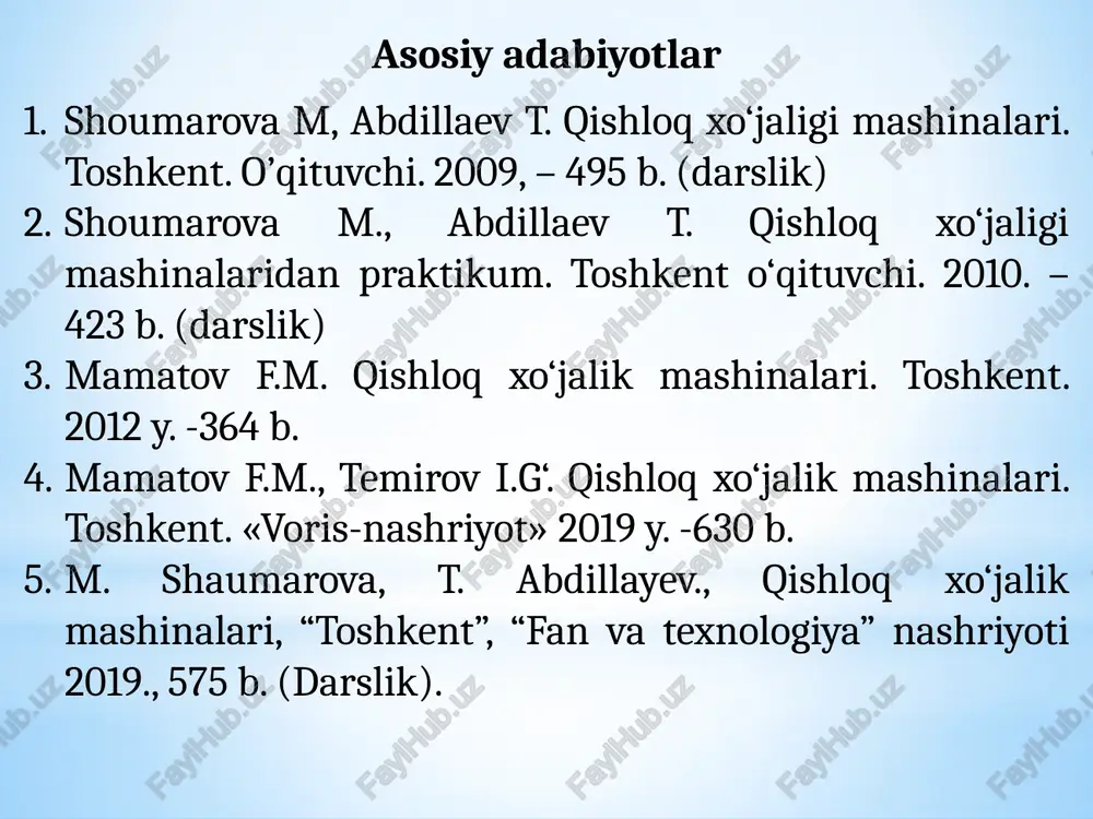 rmalash, yoppasiga kultivatsiya qilish, mollalash va tekislash jarayonlari va mashinalari, agrotexnik talablar, mashinaning ishchi qisimlari, ilg‘or texnologiyalar. tushunchalar nazorat savollari bilaman (dars boshida yoziladi) bilishni xohlayman (dars boshida yoziladi) bilib oldim (dars oxirida yoziladi) tishli tirma respublikamiz sharoitida yerlarni chigit va boshqa qishloq xo‘jaligi ekinlari urug‘larini ekish uchun tayyorlashda tirmalash keng qo‘llaniladigan muhim agrotexnik tadbir hisoblanadi. tishli tirmalar bitta tishga tushadigan og’irlikka qarab og’ir (16-20 n), o‘rta (12-15 n) va yengil (6-10 n) turlarga bo‘linadi. bu tadbir tishli tirmalar vositasida quyidagi maqsadlarda amalga oshiriladi: tuproqning ostki qatlamlaridagi namlikni saqlash, unib chiqa boshlagan begona o‘tlarni yo‘qotish, tuproq yuzasiga tuzlarni chiqib qolishiga yo‘l qo‘ymaslik, shuningdek maydon yuzasini birmuncha tekislash; kuchli yomg‘irlardan so‘ng hosil bo‘lgan qatqaloqni yumshatish; ekishdan oldin tuproq yuzasini yumshatish (ekish oldidan boronalash); haydash yoki chizellashdan so‘ng hosil bo‘lgan kesaklarni maydalash va dala yuzasini tekislash; ayrim hollarda o‘g‘itlar, urug‘lar, gerbitsidlar va shu kabilarni tuproqqa aralashtirish. 1. tuproqqa ekishdan oldin ishlov berishning …