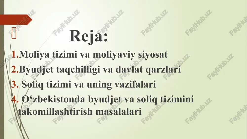 rini oladi. davlat byudjeti — bu davlat xarajatlari va ularni moliyaviy qoplash manbalarining yillik rejasidir davlat krediti deganda, davlat qarz oluvchi yoki kreditor sifatida maydonga tushadigan barcha moliyaviy-iqtisodiy munosabatlar yig‘indisi tushuniladi. moliyaviy resurslarni davlat tomonidan qarzga olishning asosiy shakli — bu davlat qarz majburiyatlari (zayomlari)ni chiqarish hisoblanadi. ularni joylashtirish jarayonida davlat aholi, banklar, savdo va sanoat kompaniyalarining vaqtincha bo'sh turgan pul mablag'larini jalb qiladi. davlat qarzlarining to'xtovsiz ko'payib borishi, milliy daromadni foiz to'lovlari shaklida, tobora ko'proq qayta taqsimlanishga olib keladi. byudjet taqchilligi - byudjet xarajatlarining daromadlar qismidan ortiqcha bo'lishi natijasida vujudga kelgan farq. soliq - bu davlatning o‘z vazifalarini amalga oshirishi uchun zarur bo‘lgan moliyaviy mablag‘lami shakllantirish maqsadida jismoniy va huquqiy shaxslardan byudjetga majburiy to‘lovlarni undirish shaklidir. soliq yordamida milliy daromadning tegishli qismi taqsimlanadi va qayta taqsimlanadi. soliq stavkasi — soliq summasining soliq olinadigan sum- maga nisbatining foizdagi ifodasi. laffer egri chizig'i — davlat byudjeti daromadlari va soliq stavkasi o'rtasidagi …