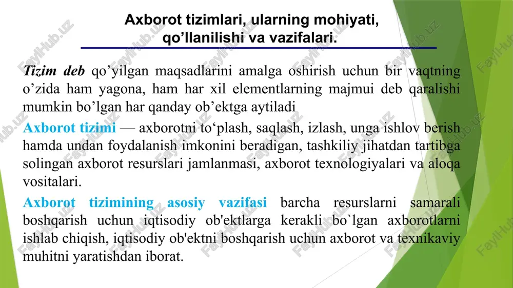 viy jarayoni; axborot resursi — axborot tizimi tarkibidagi elektron shakldagi axborot, ma’lumotlar banki, ma’lumotlar bazasi; axborot resurslarining yoki axborot tizimlarining mulkdori — axborot resurslariga yoki axborot tizimlariga egalik qiluvchi, ulardan foydalanuvchi va ularni tasarruf etuvchi yuridik yoki jismoniy shaxs; axborot resurslarining yoki axborot tizimlarining egasi — qonun bilan yoki axborot resurslarining, axborot tizimlarining mulkdori tomonidan belgilangan huquqlar doirasida axborot resurslariga yoxud axborot tizimlariga egalik qiluvchi, ulardan foydalanuvchi va ularni tasarruf etuvchi yuridik yoki jismoniy shaxs; axborot texnologiyasi — axborotni to’plash, saqlash, izlash, unga ishlov berish va uni tarqatish uchun foydalaniladigan jami uslublar, qurilmalar, usullar va jarayonlar; axborot tizimi — axborotni to’plash, saqlash, izlash, unga ishlov berish hamda undan foydalanish imkonini beradigan, tashkiliy jihatdan tartibga solingan jami axborot resurslari, axborot texnologiyalari va aloqa vositalari. at ning ishlash printsipi quyidagicha: foydalanuvchi biror vaziyatni hal qilish uchun at ga savol bilan murojaat qiladi, at javob qaytaradi, foydalanuvchi qaror qabul qiladi va vaziyatdan chiqib …