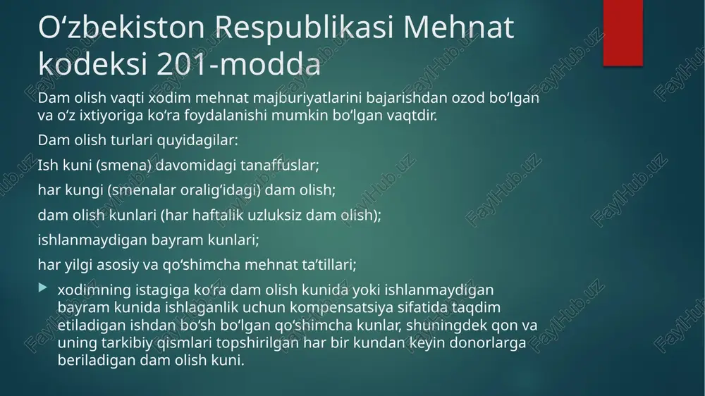 ydigan bayram kunlari quyidagi kunlar ishlanmaydigan bayram kunlaridir: 1-yanvar — yangi yil; 8-mart — xotin-qizlar kuni; 21-mart — navro‘z bayrami; 9-may — xotira va qadrlash kuni; 1-sentabr — mustaqillik kuni; 1-oktabr — o‘qituvchi va murabbiylar kuni; 8-dekabr — o‘zbekiston respublikasi konstitutsiyasi kuni; ro‘za hayit (iyd al-fitr) diniy bayramining birinchi kuni; qurbon hayit (iyd al-adha) diniy bayramining birinchi kuni. ta’tillarning turlari: ushbu kodeksda ish beruvchi bilan tuzilgan mehnat shartnomasi asosida mehnat faoliyatini amalga oshirayotgan xodimlar uchun ta’tillarning quyidagi turlari nazarda tutilgan: har yilgi mehnat ta’tili; ijtimoiy ta’tillar; ish haqi qisman saqlanadigan ta’til; ish haqi saqlanmaydigan ta’til. har yilgi mehnat ta’tili tushunchasi va turlari har yilgi mehnat ta’tili dam olish va ishlash qobiliyatini tiklash uchun ish o‘rni (lavozimi) hamda o‘rtacha ish haqi saqlab qolingan holda xodim ishdan ozod etiladigan, xodimga har yili ish yili davomida beriladigan vaqt davridir. barcha xodimlar, shu jumladan o‘rindoshlik asosida ishlaydigan xodimlar har yilgi mehnat ta’tiliga chiqish huquqiga …