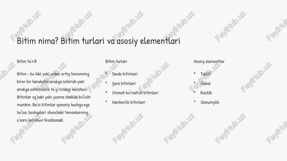 , favqulodda vaziyatlar, boshqa tomonning harakatlari va h.k. oqibatlar moliyaviy yo'qotishlar obro'ga putur yetishi sud jarayonlari yechimlar kelishuvga erishish sudga murojaat qilish 6 bitimlarni bekor qilish asoslari tomonlarning kelishuvi tomonlar o'zaro kelishuvga erishgan holda bitimni bekor qilishlari mumkin. 1 muhim xatolik agar bitim tuzishda muhim xatolik yuz bergan bo'lsa, bitim bekor qilinishi mumkin. 2 aldov agar bir tomon boshqa tomonni aldagan bo'lsa, bitim bekor qilinishi mumkin. 3 majburlash agar bitim bir tomonning majburlashi ostida tuzilgan bo'lsa, bitim bekor qilinishi mumkin. 4 7 shartnomalarni o'zgartirish tartibi 1 kelishuv 2 yozma shakl 3 imzolash shartnomaga o'zgartirish kiritish uchun tomonlar o'zaro kelishuvga erishishlari kerak. o'zgartirishlar yozma shaklda tuzilishi va har ikki tomon tomonidan imzolanishi shart. 8 elektron bitimlar va ularning xususiyatlari elektron bitimlar an'anaviy bitimlardan farq qiladi. ular tezroq, qulayroq va arzonroq. elektron bitimlar elektron raqamli imzo bilan tasdiqlanishi mumkin. elektron bitimlarni tuzishda qonunchilik talablariga rioya qilish muhim. 9 xulosa: muhim jihatlar va …