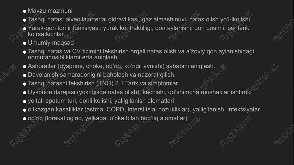 ) holati periferik edema, hepatomegaliya belgisi yurak o‘tkazuvchisi orqali auskultatsiya: s1, s2, s3, s4, o‘tkazuviy tovushlar meyoriy (murmur, rub) belgilari 3.3 kohinashlar va tasvirlar ekg: sezgirlik bo‘yicha ishemik o‘zgarishlar, aritmiyalar ehokard (2d echocardiography): qopqoq valvulalar, zo‘riqish, ishqoriy mushaklar funksiya rontgen (jigarrang ko‘rinishi) yoki ct angiografiya kerakli hollarda laboratoriya: troponin, bnp/nt-probnp, lipidlar, qon tahlillari 3.4 funksional baholash yurak-qon tomir stress testi: jismoniy yoki farmakologik tahlillar orqali qon bosimi vertikal o‘zgarishi, aritmiya xavfi cpet – umumiy kardiorespirator mashqlar qobiliyati 3.5 eksklyuziv holatlar uchun qo‘shimcha abdominal/arm tizimidan o‘zgarishlar, venoz tomir bozukliklari ishemik yurak kasalligi ehtimoli bo‘lsa tekshiruvlar yanada chuqurlashtiriladi (koronar ct yoki ishqiy tomir angiografiyasi) tekshiruvlar ketma-ketligi (ishchi amaliy qo‘llanma) yangi bemorni qabul qilganingizda boshlang‘ich bosqich: umumiy vitallar + vizual kuzatuv nafas olish tizimini birinchi o‘ringa qo‘ying: rr, ishqiy mushaklar, spo2, otishlar keyin yurak-qon tomir bo‘limini tekshiring: auskultatsiya, jvp, periferik ko‘rsatkichlar zarurat bo‘lsa laboratoriya va suratli tekshiruvlar qo‘shing: ekg, cxr, echo jamiyatdagi klinik …