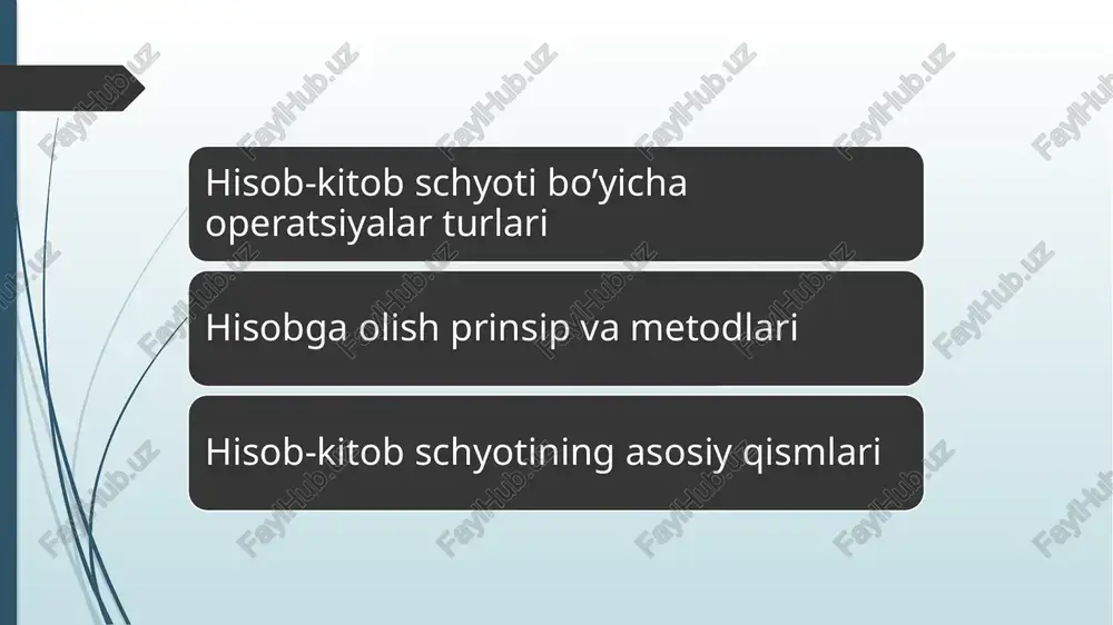 ko’chirma. davlat ro’yxatidan o’tganligi to’g’risidagi hujjat faqat mazkur obyekt uchun qonunchilikda nazarda tutilgan bo’lsa topshiriladi soliq organida ro’yxatdan o’tganligi va idensifikatsiyalashgan soliq to’lovchi raqami berilganligi to’g’risida notariusda tasdiqlangan guvohnoma ko’chirmasi yoki shaxs soliq to’lovchi subyekt emasligi to’g’risida ma’lumot imzo namunalari va muhrning izi tushirilgan kartochka hisob–kitob schyotidan korxonaning olingan materiallar, asosiy vositalar uchun mol yuboruvchiga to’lanmalari, budjetdan, ijtimoiy sug’urtadan bo’lgan qarzni to’lash, ish haqi berish uchun kassaga olingan pul va boshqa zaruriyatlar uchun to’langan pul mablag’lari aks ettiriladi. odatda bank tomonidan har qanday pul o’tkazib berish yoki naqd pul berish korxona yoki hisob–kitob schyotini tasarruf etuvchining buyrug’i yoki u bilan kelishilgan holda amalga oshiriladi. endilikda har qanday mulkchilik shaklidagi, tashkiliy-huquqiy tuzilishdagi va tarmoqqa tegishli sub’ektlar quyidagi sohalar bo’yicha o’zining hisob siyosatini tanlab olishi mumkin: asosiy vositalarning amortizasiyasini hisoblash asosiy vositalarni ta’mirlash sarflarini hisobga olish materiallarni sotib olish sarflarini hisobga olish moddiy aylanma mablag’larining hisobini tashkil qilish va baholash ishlab chiqarish …