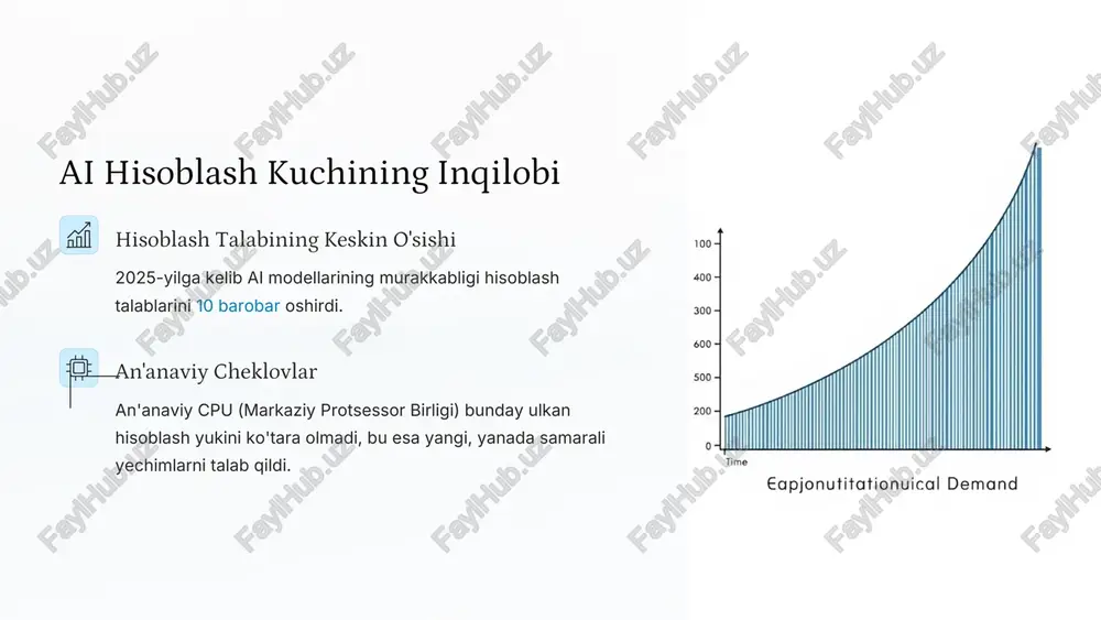 oblash klasterlari yaratiladi, ular superkompyuter quvvatini ta'minlaydi. tez va samarali o'qitish yuqori energiya samaradorligi va past kechikish bilan tpular juda katta ai modellarini tez va samarali o'qitish imkonini beradi. tpu va gpu taqqoslash gpu (grafik protsessor birligi) • ko'p maqsadli, keng qo'llanilish doirasi. • boy ekotizim va dasturiy ta'minot yordami. • real vaqtda debugging imkoniyati. • dinamik va kichik partiyalar uchun qulay. tpu (tensor protsessor birligi) • maxsus ai vazifalari uchun mo'ljallangan. • yuqori samaradorlik va energiya tejash. • faqat google cloud platformasi orqali mavjud. • katta partiyalar va modellar uchun ustun. tanlov loyiha talablari va budjetga bog'liq. katta ai modellari uchun tpular ko'pincha arzonroq va samaraliroq bo'ladi. parallel computing: ai hisoblashni tezlashtirishning asosi massiv parallelizm parallel hisoblash bir vaqtning o'zida minglab hisoblash operatsiyalarini bajarish imkonini beradi, bu gpu va tpularning asosiy kuchidir. dasturlash interfeyslari cuda (compute unified device architecture) va opencl kabi dasturlash tillari yordamida ai algoritmlari parallel hisoblash …