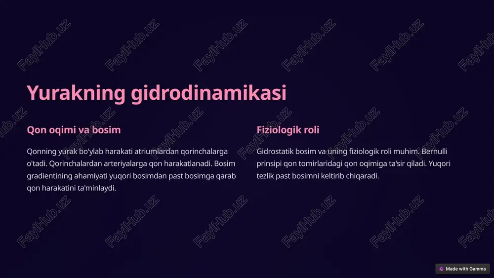 azokonstriksiya va vazodilatsiya tomirlar diametrini nazorat qiladi. bu mexanizmlar qon bosimini tartibga soladi. ‹#› yurakning ovozi: fonendoskopiya qopqoqlar qopqoqlarning ochilishi va yopilishi (mitral, trikuspidal, aortal, pulmonar) ovoz chiqaradi. 1 normal tovushlar normal yurak ovozlari (s1, s2) eshitiladi. qo'shimcha ovozlar (s3, s4) patologik bo'lishi mumkin. 2 shovqinlar yurak shovqinlari qopqoqlar defektlari yoki qon oqimining buzilishidan kelib chiqadi. 3 ‹#› qon bosimini o'lchash usullari sfigmomanometriya qon bosimini o'lchashning invaziv bo'lmagan usuli hisoblanadi. sistolik va diastolik bosim yurak sikli bilan bog'liqlik mavjud. sistolik bosim yurak qisqarishi paytida o'lchanadi. map o'rtacha arterial bosim (map) fiziologik ahamiyatga ega. map qon oqimining adekvatligini ko'rsatadi. ‹#› sun'iy yurak va yurak yordamchi qurilmalar nasoslar sun'iy yurakning ishlash prinsipi nasoslar va quvvat manbalariga asoslangan. yordamchi qurilmalar yurak yordamchi qurilmalari (vad) qorinchalarni qo'llab-quvvatlaydi. biomateriallar biomateriallar sun'iy yuraklarda qo'llaniladi. ular biologik moslashuvchanlikni ta'minlaydi. ‹#› yurakning kompyuter modellashtirish 3d matematik modellar qon oqimi, elektr faolligini simulyatsiya qiladi. fea finite elementlar usuli (fea) …