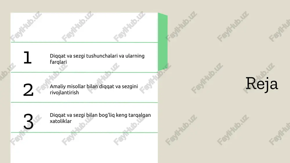 a kundalik tajribalarni tahlil qilish muhim. bu usullar sezgi qobiliyatini oshiradi. amaliy misollar savdo bilan shug'ullanuvchi mutaxassislar sezgi orqali muvaffaqiyatli qarorlar qabul qilishadi. masalan, bozor tendensiyalarini sezish. foydali maslahatlar kundalik hayotingizda sezgi bilan bog'liq muammolarni aniqlang va ularni rivojlantirish uchun ma'lum mashqlarni bajaring. tadqiqotlar va nazariyalar neyroilmiy tadqiqotlar sezgi va kognitiv jarayonlar orasidagi bog'liqlikni o'rganadi. bu nazariyalar sezgi rivojlanishiga yordam beradi. xulosa sezgini rivojlantirish uchun kundalik amaliyot va nazariy bilimlarni uyg'unlashtiring. savollar va muhokamalar uchun tayyor bo'ling. diqqat va sezgi bilan bog'liq xatoliklar diqqat va sezgi tushunchalarini noto'g'ri talqin qilish keng tarqalgan. masalan, diqqat faqatgina biror ob'ekt yoki vazifaga qaratiladi deb noto'g'ri tushuniladi, yoki sezgi faqat hissiyotlar bilan cheklanadi deb hisoblanadi. diqqatni boshqarishda xatoliklar, masalan, diqqatni tarqatish yoki e'tiborni yo'qotish, keng tarqalgan. to'g'ri texnikalarni bilmaslik diqqatni kuchaytirishga to'sqinlik qiladi. sezgini rivojlantirishda noto'g'ri strategiyalar qo'llanilishi mumkin, masalan, faqat onlayn testlar yoki shaxsiy tajribaga tayangan holda. bu sezgini zaiflashtirishi mumkin, shuning uchun …